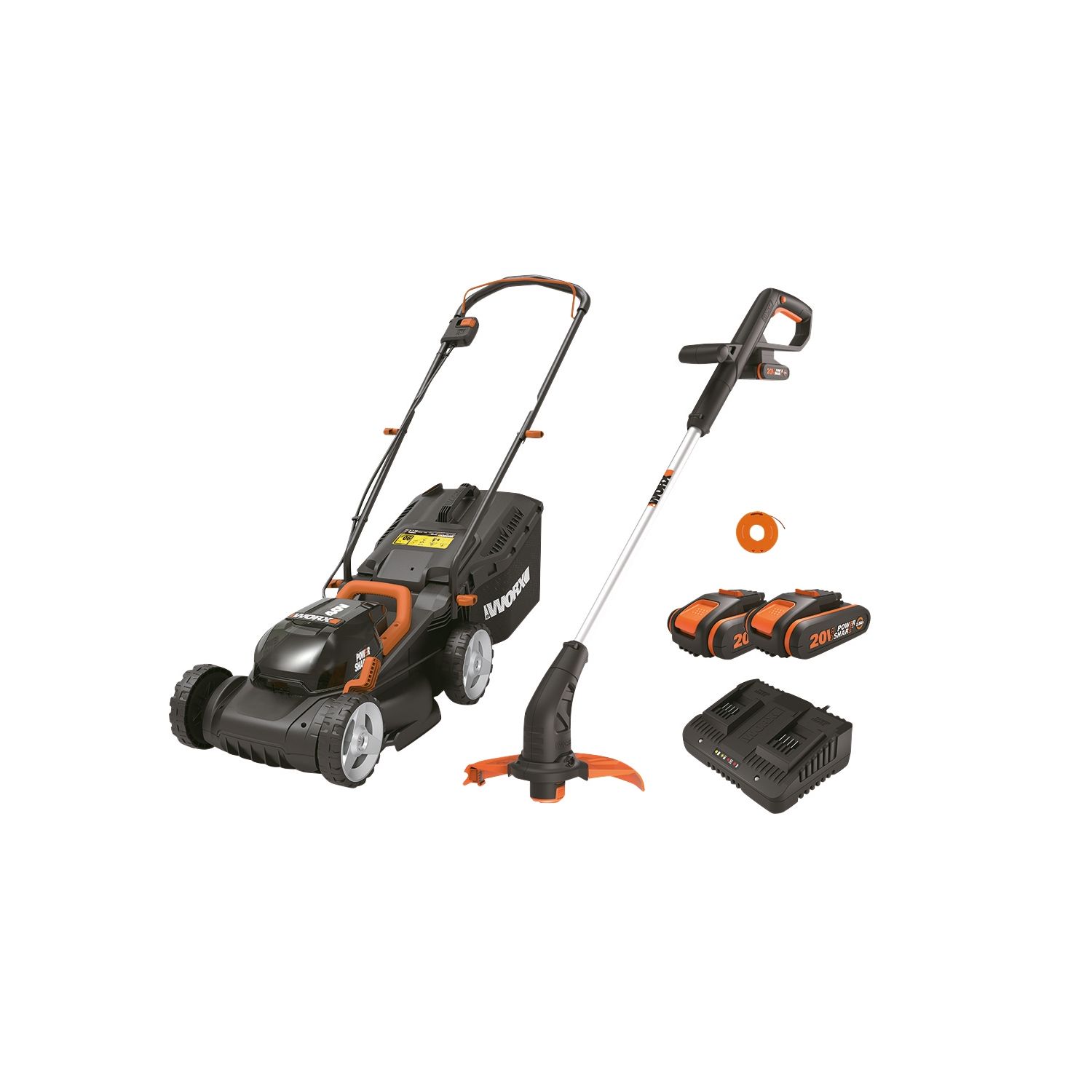 Worx WG927E 20V 2 x 2.0Ah Lithium PowerShare Cordless 40V Lawn Mower & 20V Grass Trimmer Kit (716HA)