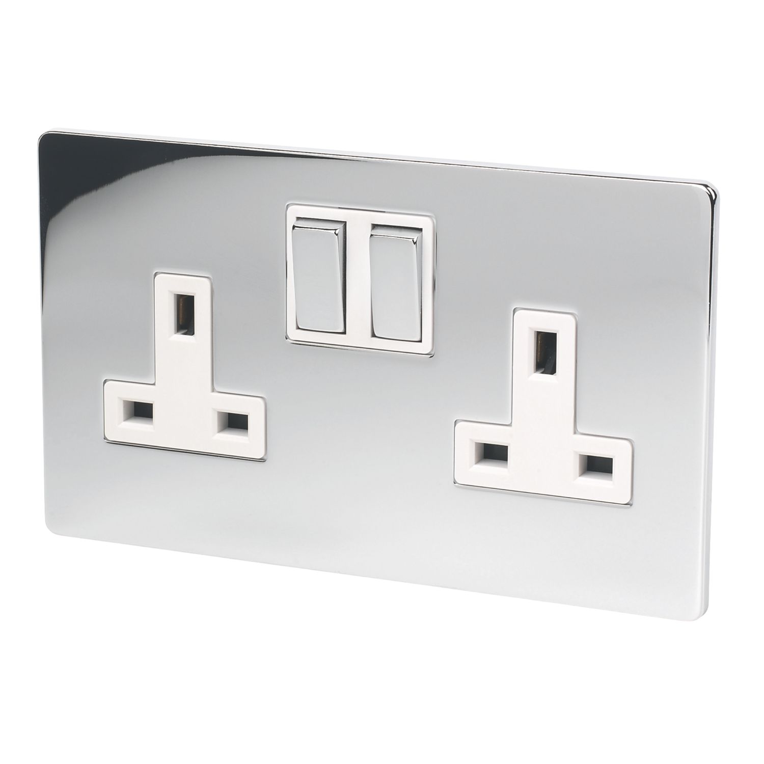 LAP 13A 2-Gang DP Switched Plug Socket Polished Chrome with White Inserts (71813)