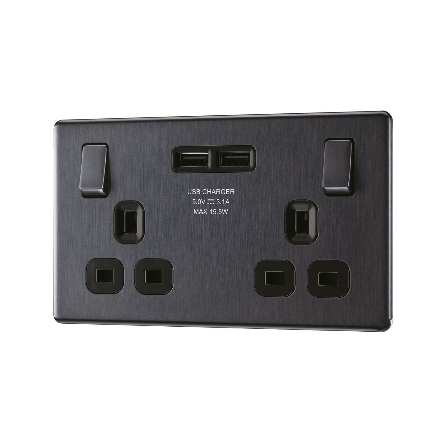 LAP 13A 2-Gang SP Switched Socket + 3.1A 15.5W 2-Outlet Type A USB Charger Slate Grey with Black Inserts (718KJ)
