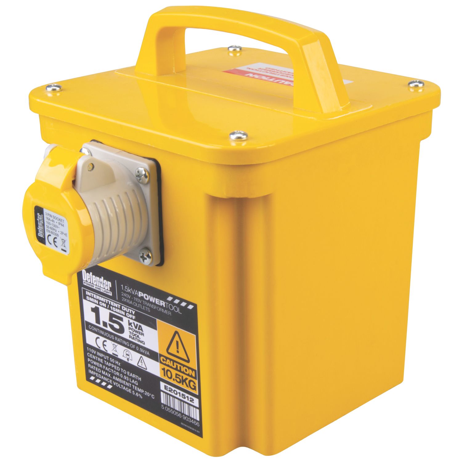 Defender 1.5kVA Intermittent Step-Down Transformer 230V/110V Yellow (719XX)