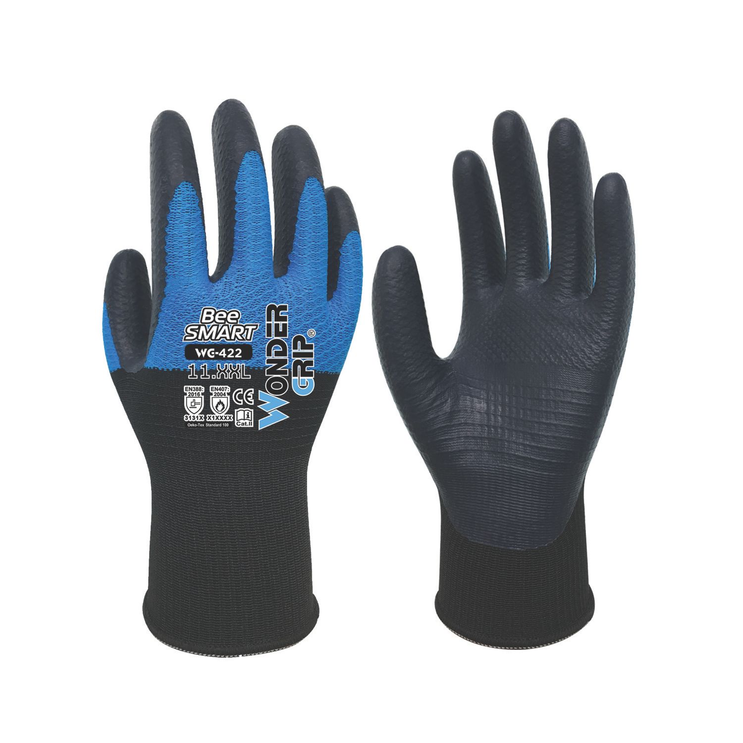 Wonder Grip WG-422 Bee-Smart General Handling Gloves Black/Blue 2X Large (721VJ)
