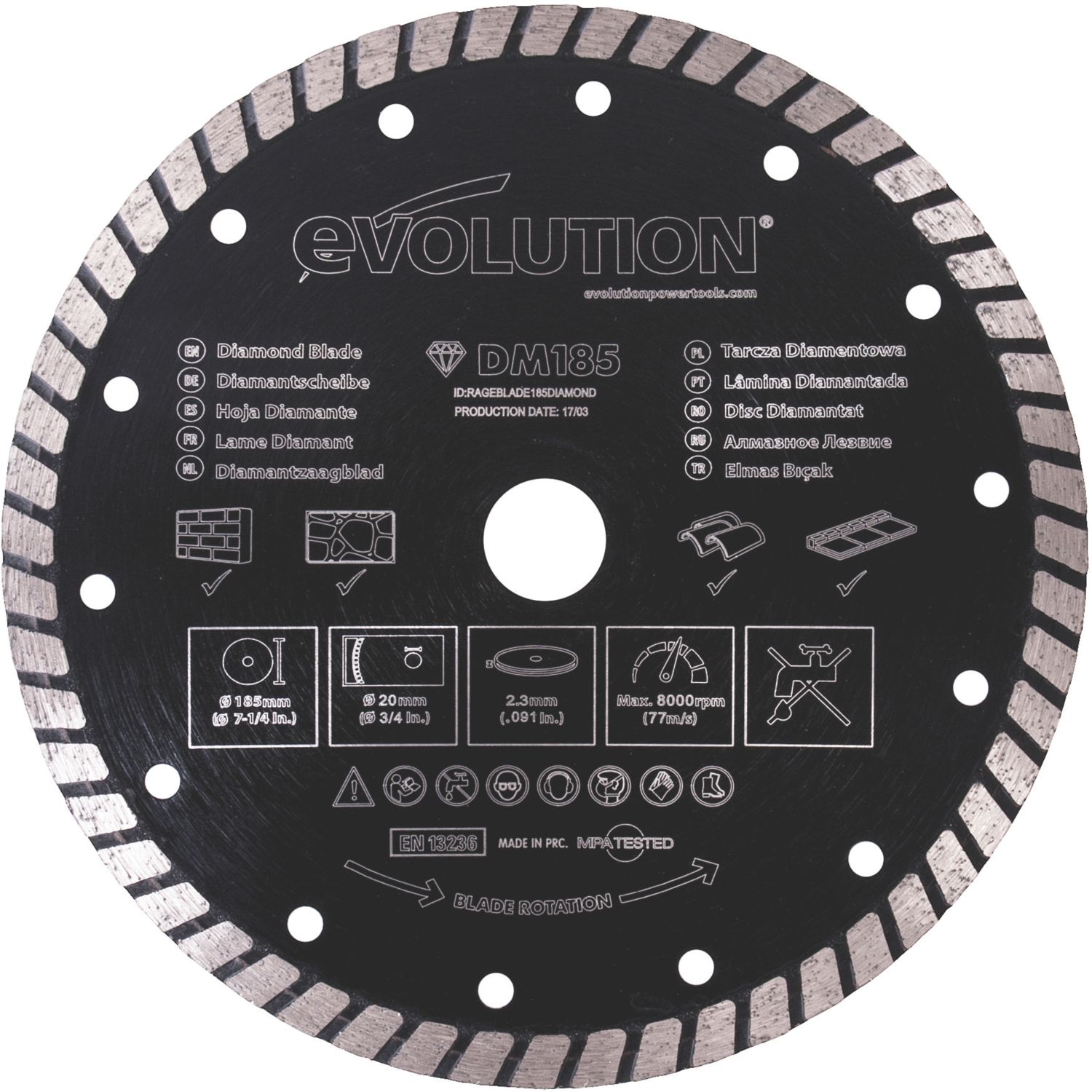 Evolution RAGEBLADE185DIAMOND Masonry Diamond Turbo Blade 185mm x 20mm (723GP)