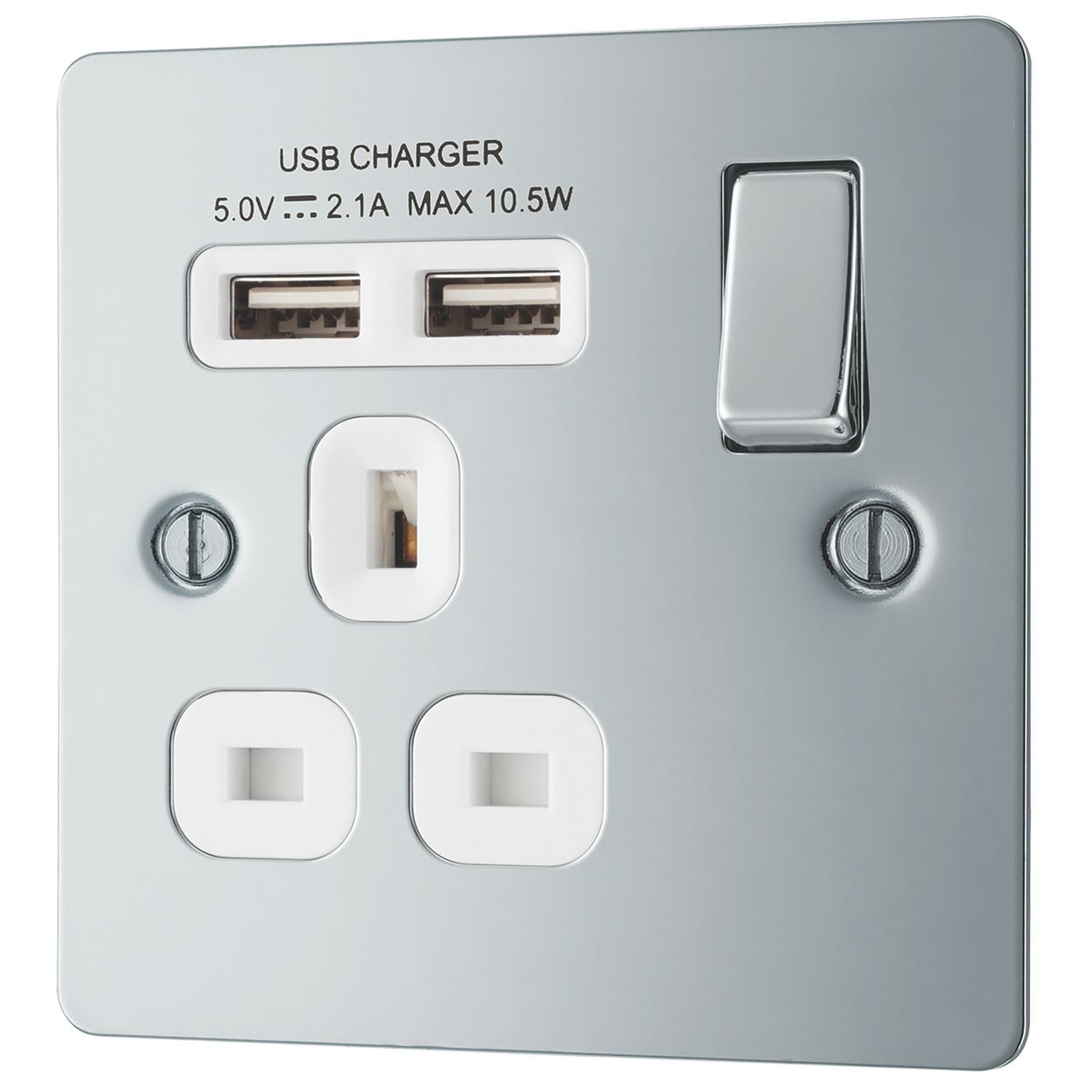 LAP 13A 1-Gang SP Switched Socket + 2.1A 10.5W 2-Outlet Type A USB Charger Polished Chrome with White Inserts (7271F)