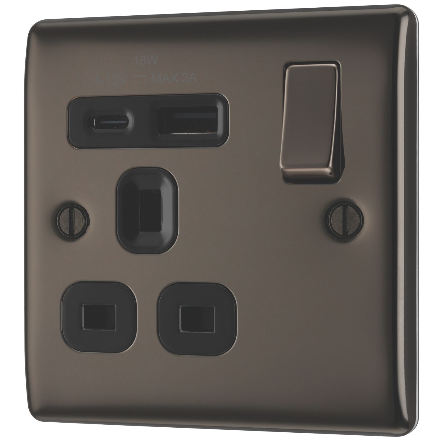 British General Nexus Metal 13A 1-Gang SP Switched Socket + 3A 18W 2-Outlet Type A & C USB Charger Black Nickel with Black Inserts (729CH)