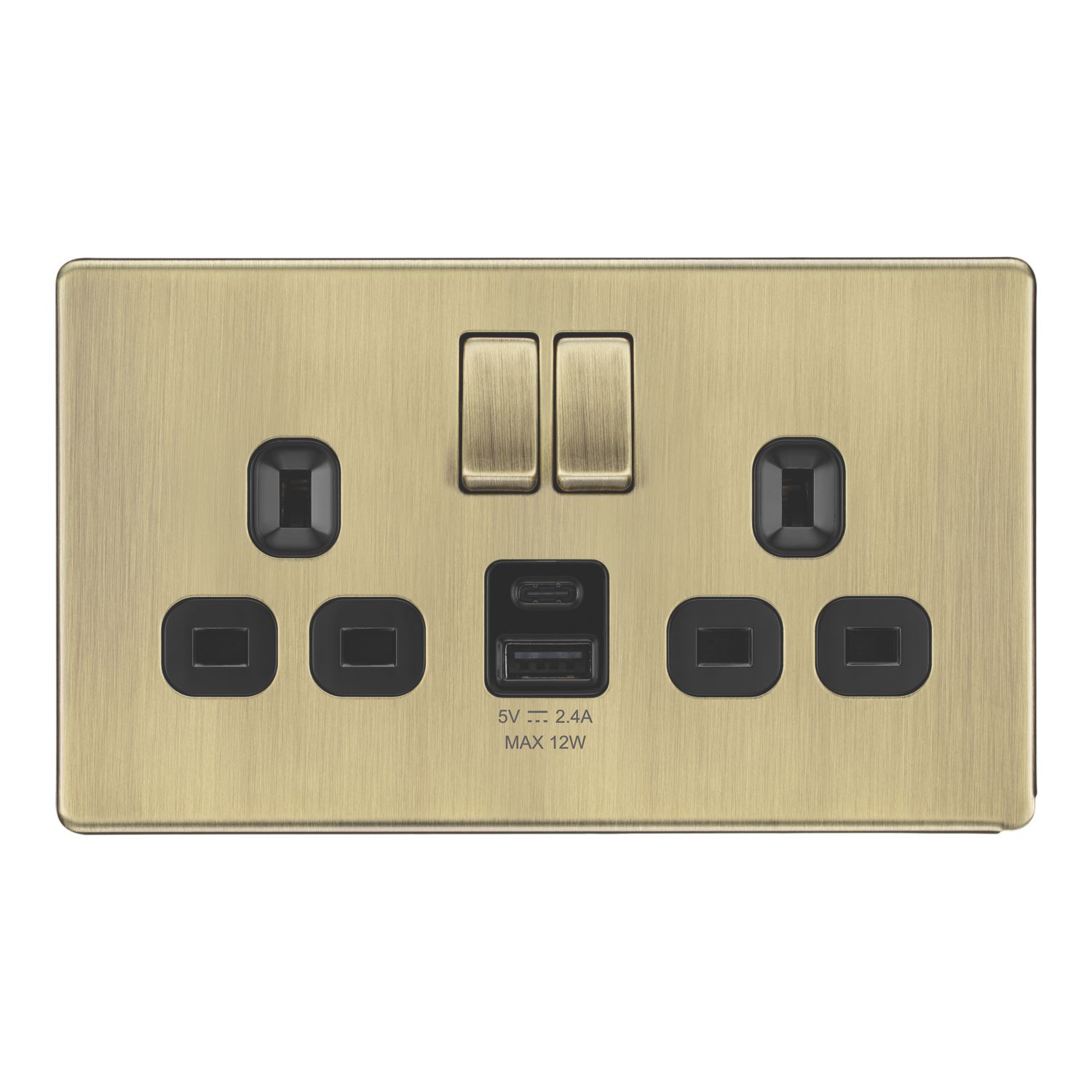 LAP 13A 2-Gang SP Switched Socket + 2.4A 12W 2-Outlet Type A & C USB Charger Antique Brass with Black Inserts (729PN)