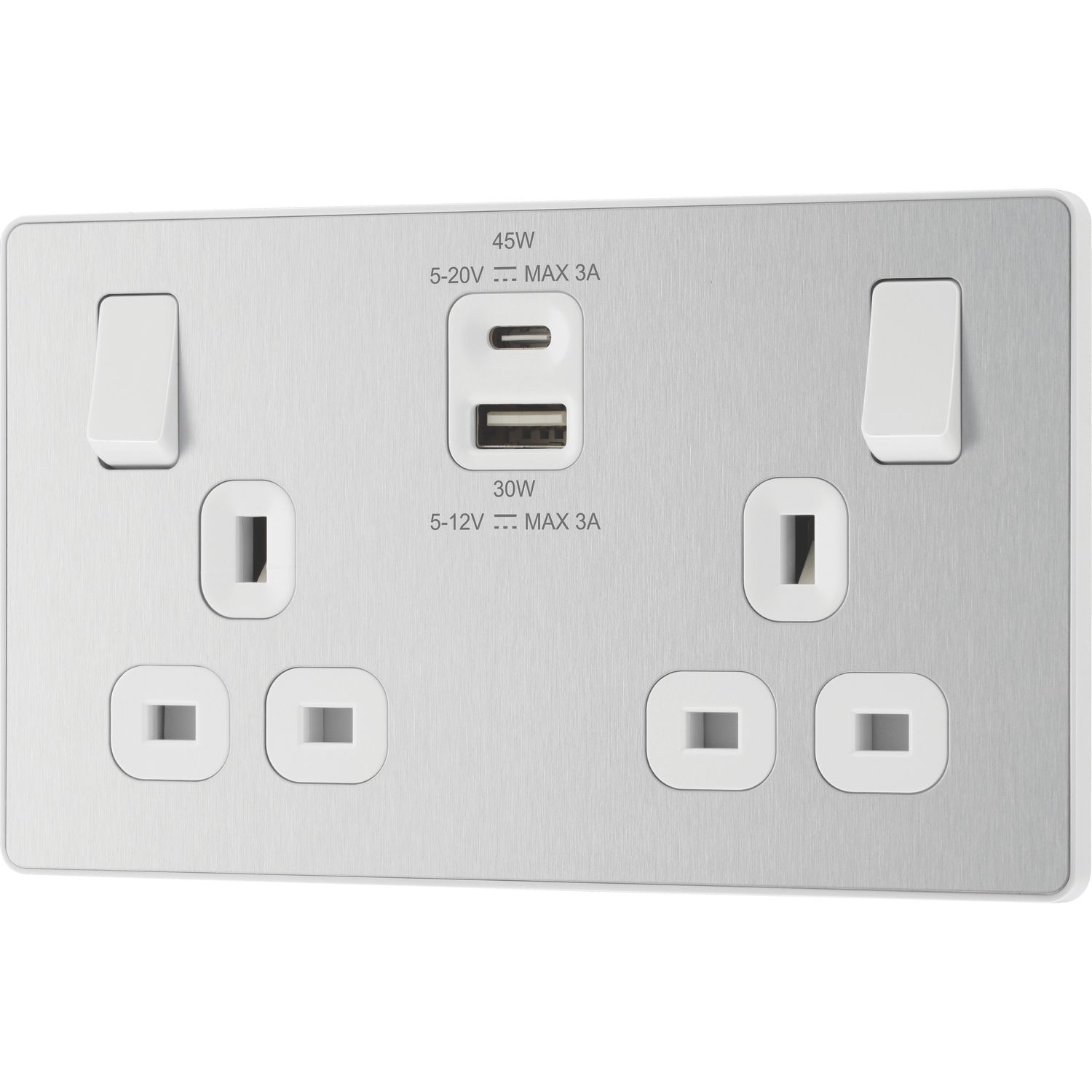 British General Evolve 13A 2-Gang SP Switched Socket + 3A 45W 2-Outlet Type A & C USB Charger Brushed Steel with White Inserts (729YV)