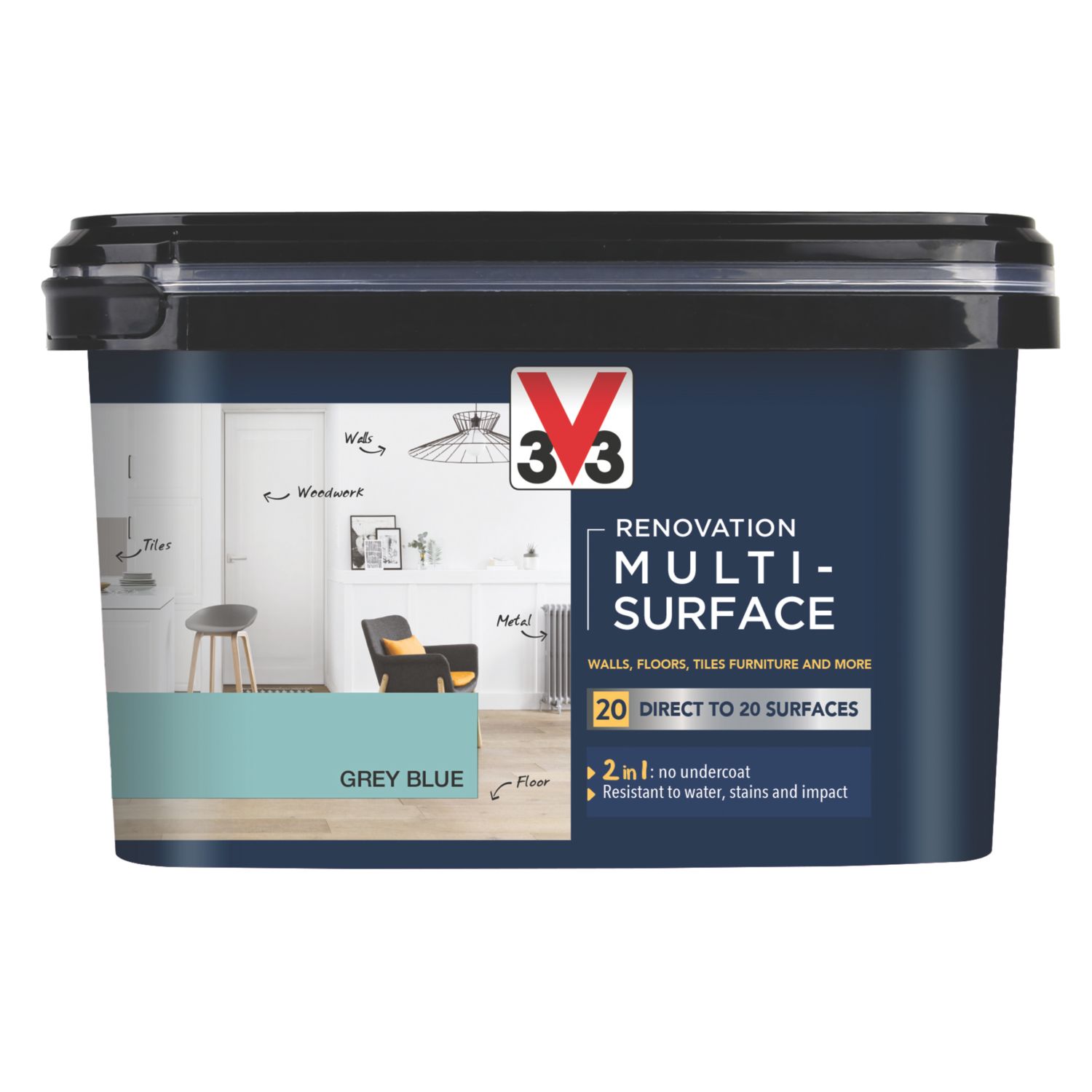 V33 2Ltr Grey Blue Satin Acrylic Multi Surface Paint (733FW)