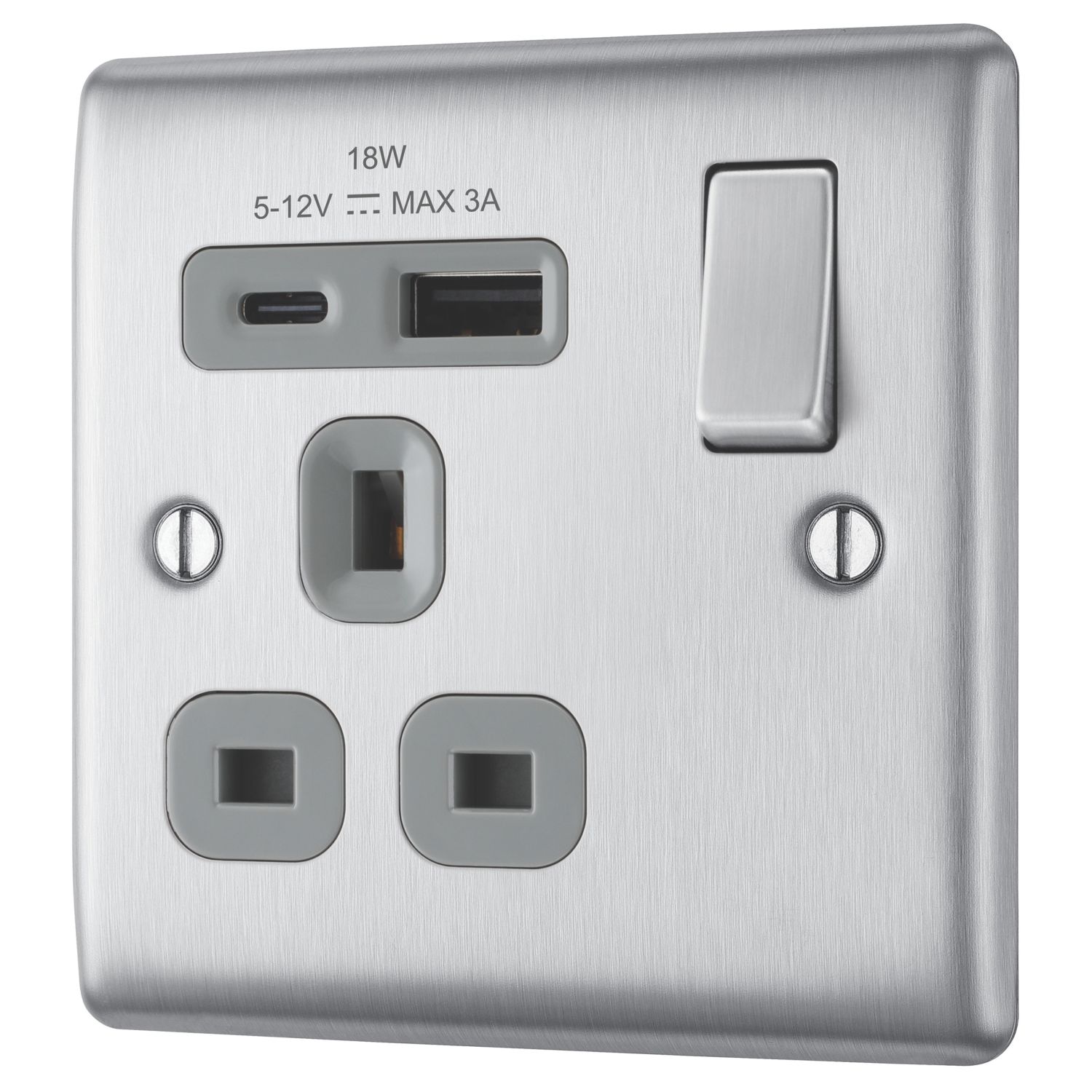 British General Nexus Metal 13A 1-Gang SP Switched Socket + 3A 18W 2-Outlet Type A & C USB Charger Brushed Steel with Grey Inserts (736CH)