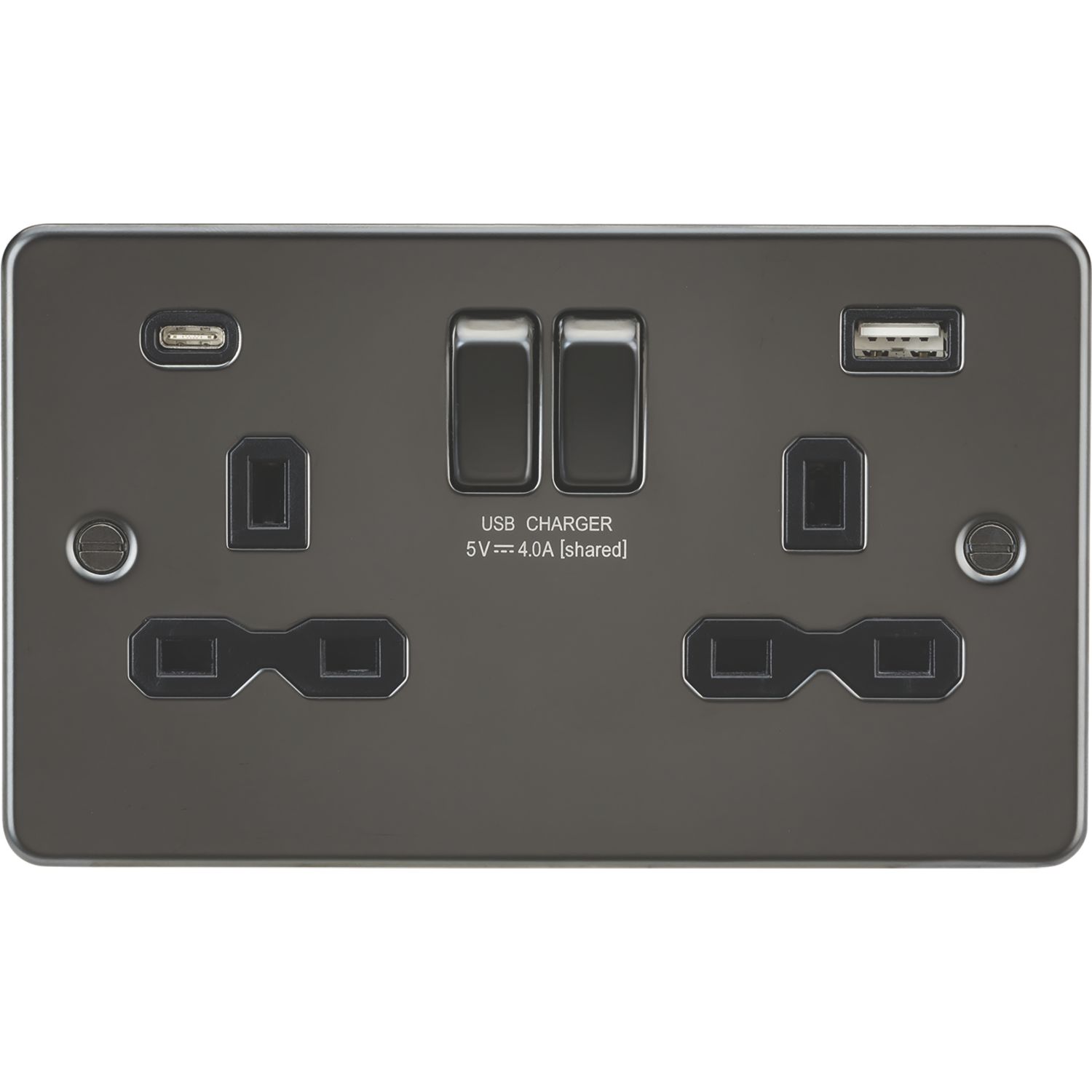 Knightsbridge 13A 2-Gang SP Switched Socket + 4.0A 20W 2-Outlet Type A & C USB Charger Gunmetal with Black Inserts (739PY)