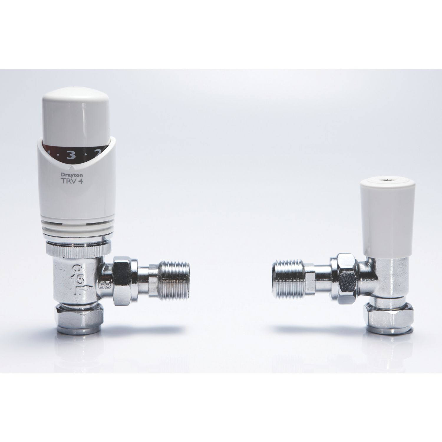 Drayton TRV4 15mm x 1/2" White Angled & L/S Designer Thermostatic Radiator Valve & Lockshield (7401D)