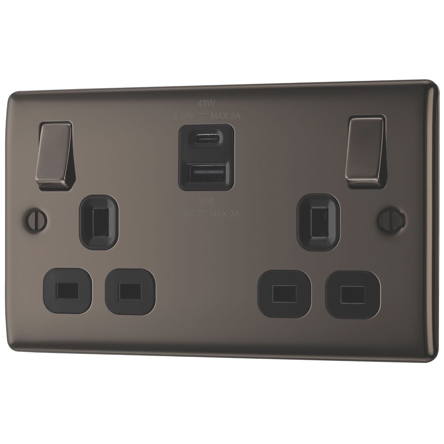 British General Nexus Metal 13A 2-Gang SP Switched Socket + 3A 45W 2-Outlet Type A & C USB Charger Black Nickel with Black Inserts (740PM)