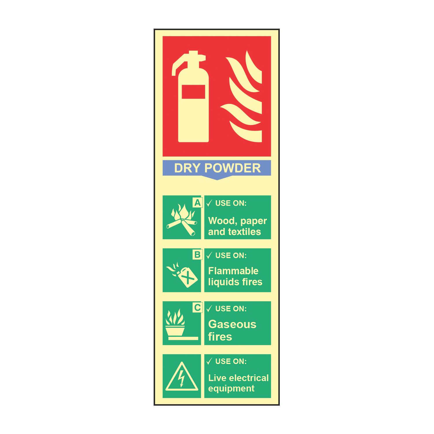 Essentials Photoluminescent "Fire Extinguisher Dry Powder" Sign 300mm x 100mm (743FG)
