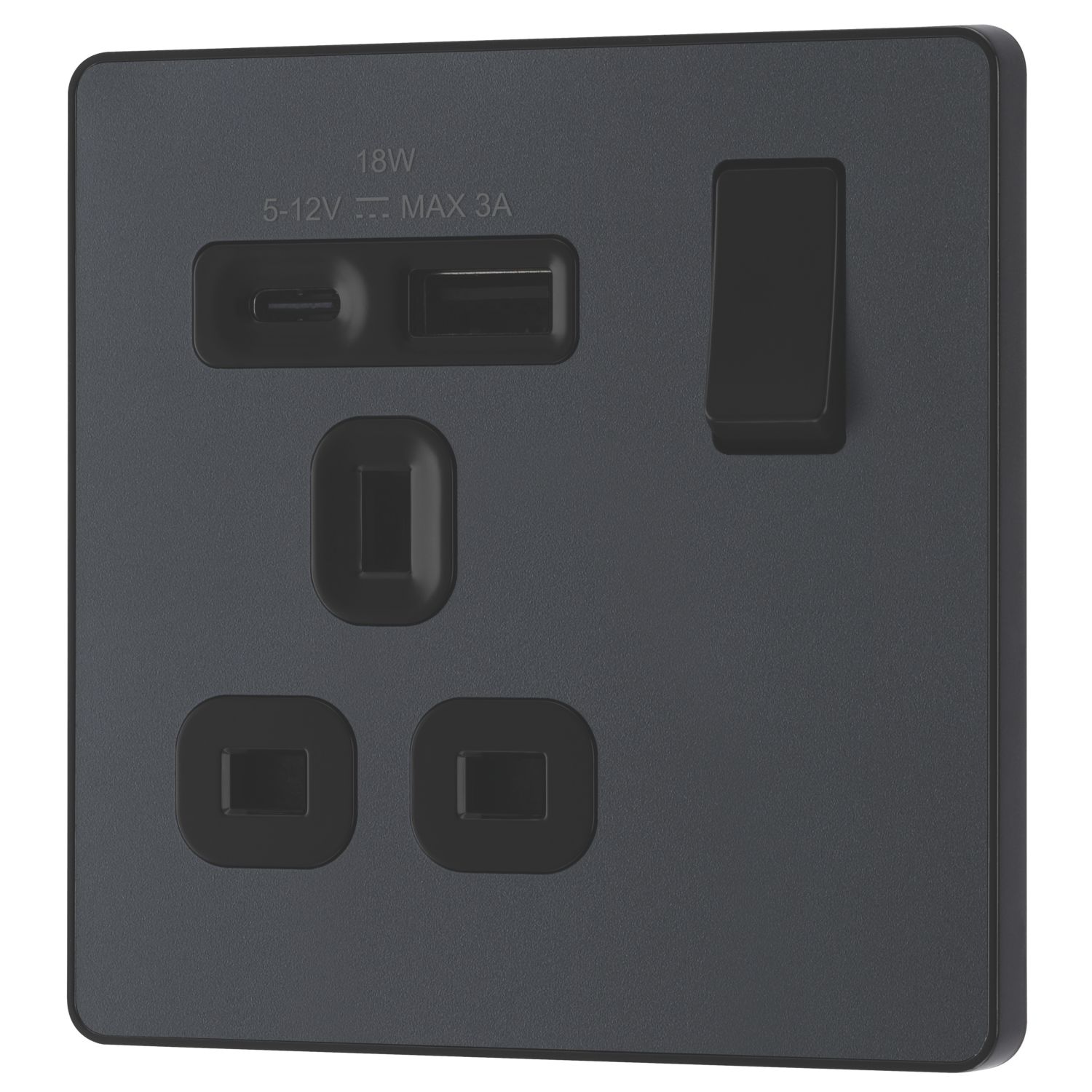 British General Evolve 13A 1-Gang SP Switched Socket + 3A 18W 2-Outlet Type A & C USB Charger Grey with Black Inserts (746CH)