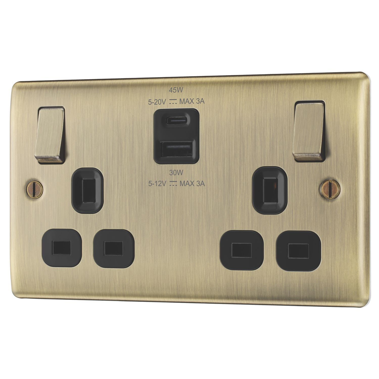 British General Nexus Metal 13A 2-Gang SP Switched Socket + 3A 45W 2-Outlet Type A & C USB Charger Antique Brass with Black Inserts (748PM)