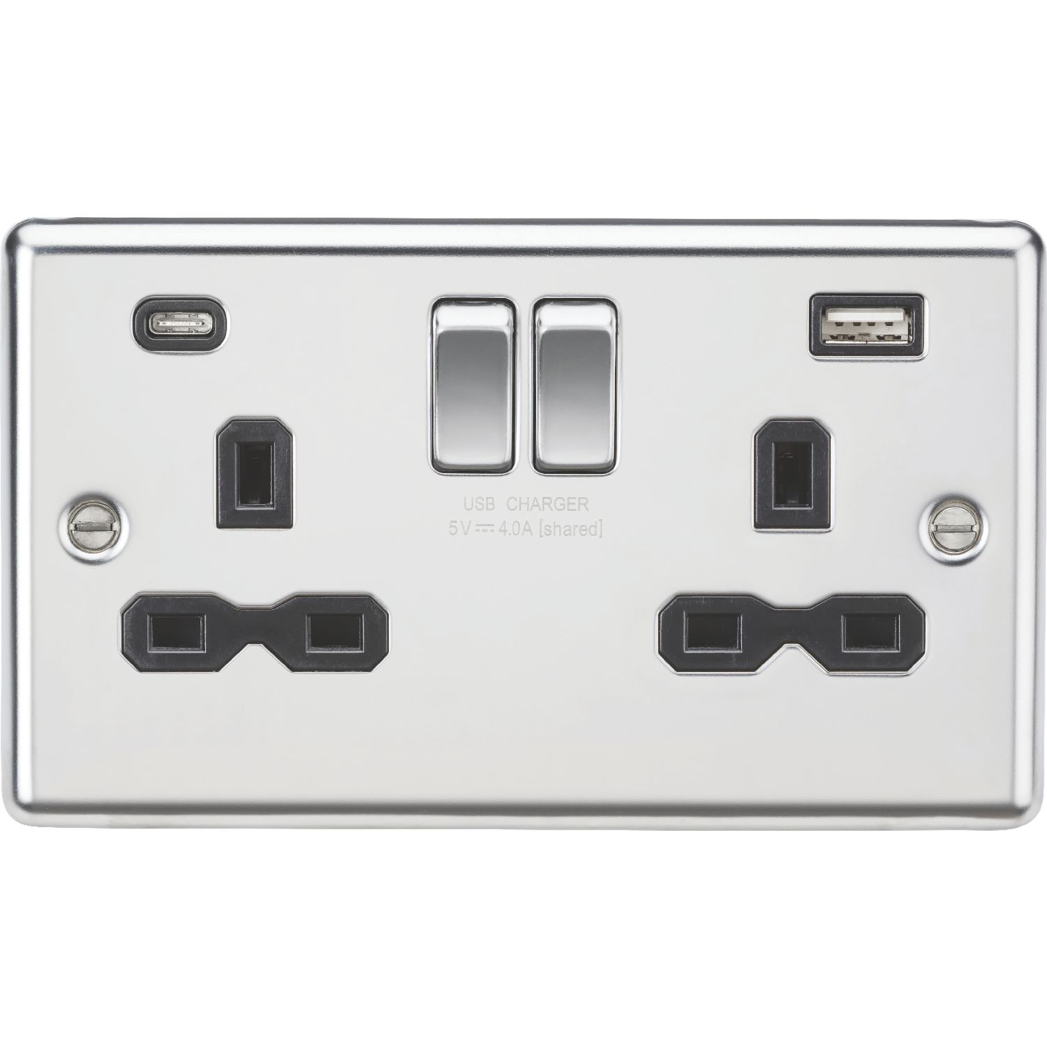 Knightsbridge 13A 2-Gang SP Switched Socket + 4.0A 20W 2-Outlet Type A & C USB Charger Polished Chrome with Black Inserts (759PY)