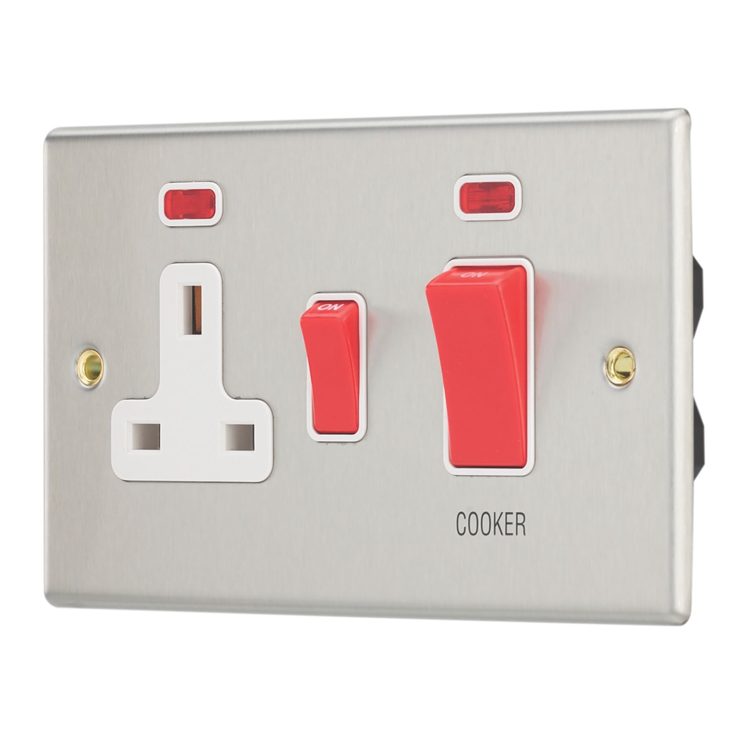 Contactum iConic 45A 2-Gang DP Cooker Switch & 13A DP Switched Socket Brushed Steel with Neon with White Inserts (761RP)