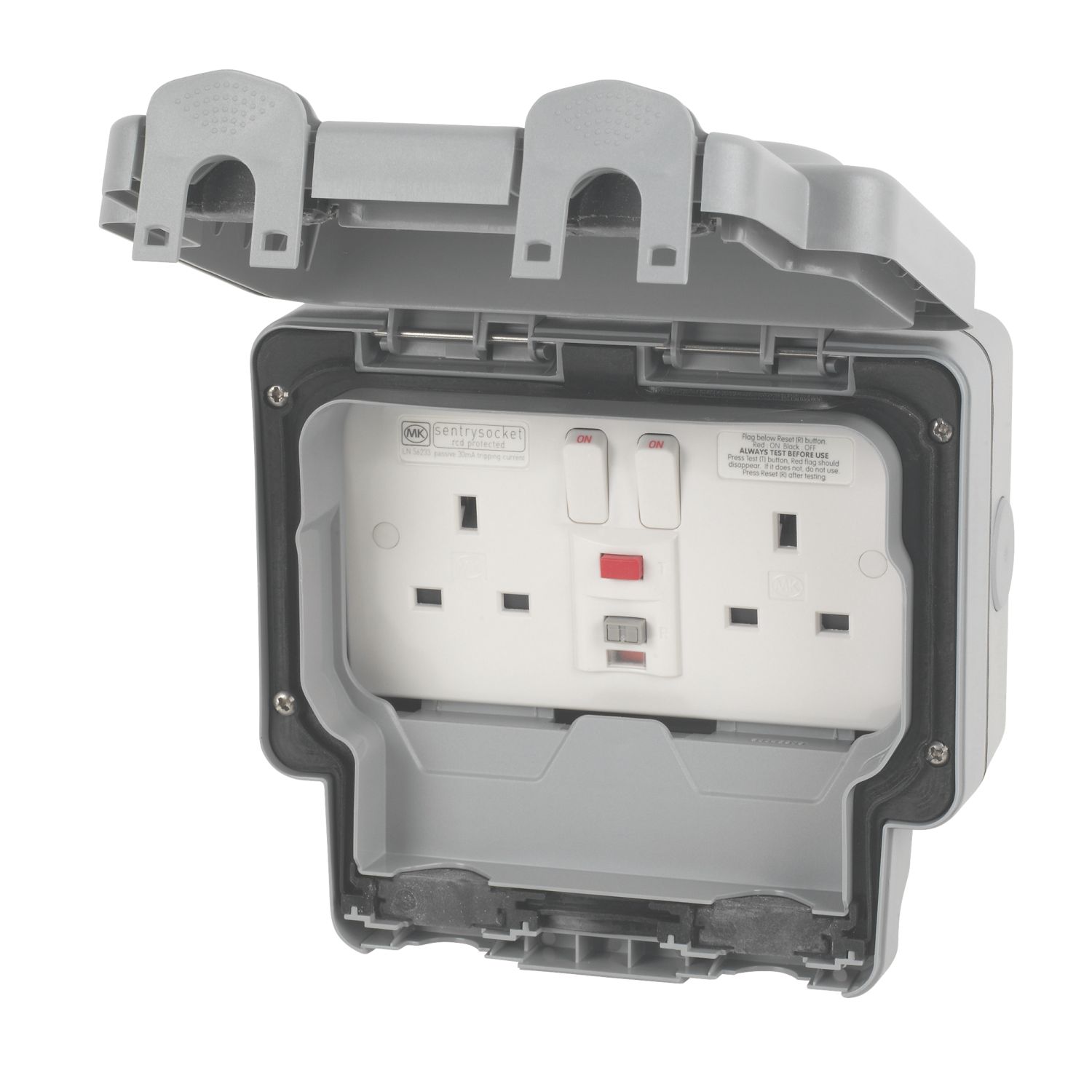 MK Masterseal Plus IP66 13A 2-Gang DP Weatherproof Outdoor Switched Passive RCD Socket (76855)