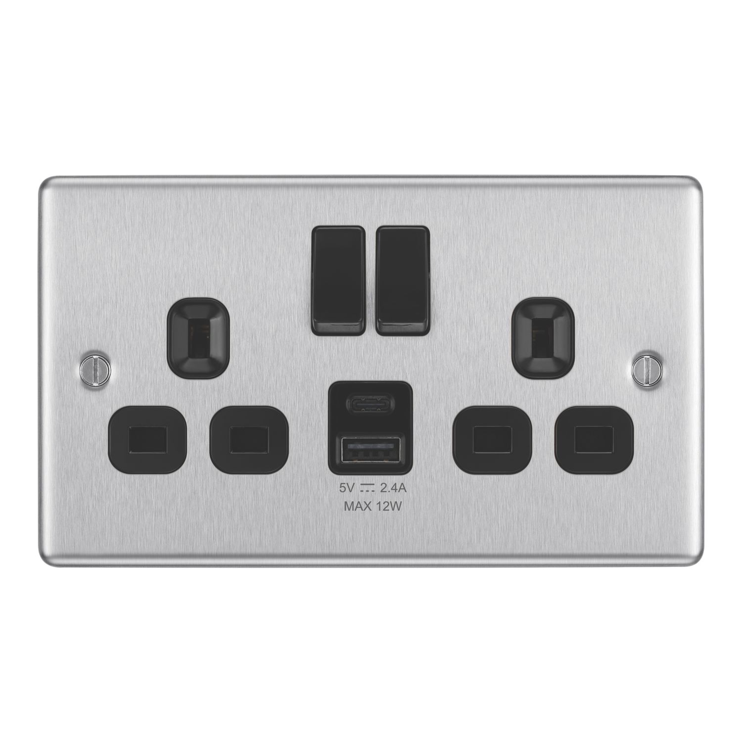 LAP 13A 2-Gang SP Switched Socket + 2.4A 12W 2-Outlet Type A & C USB Charger Brushed Steel with Black Inserts (770PN)