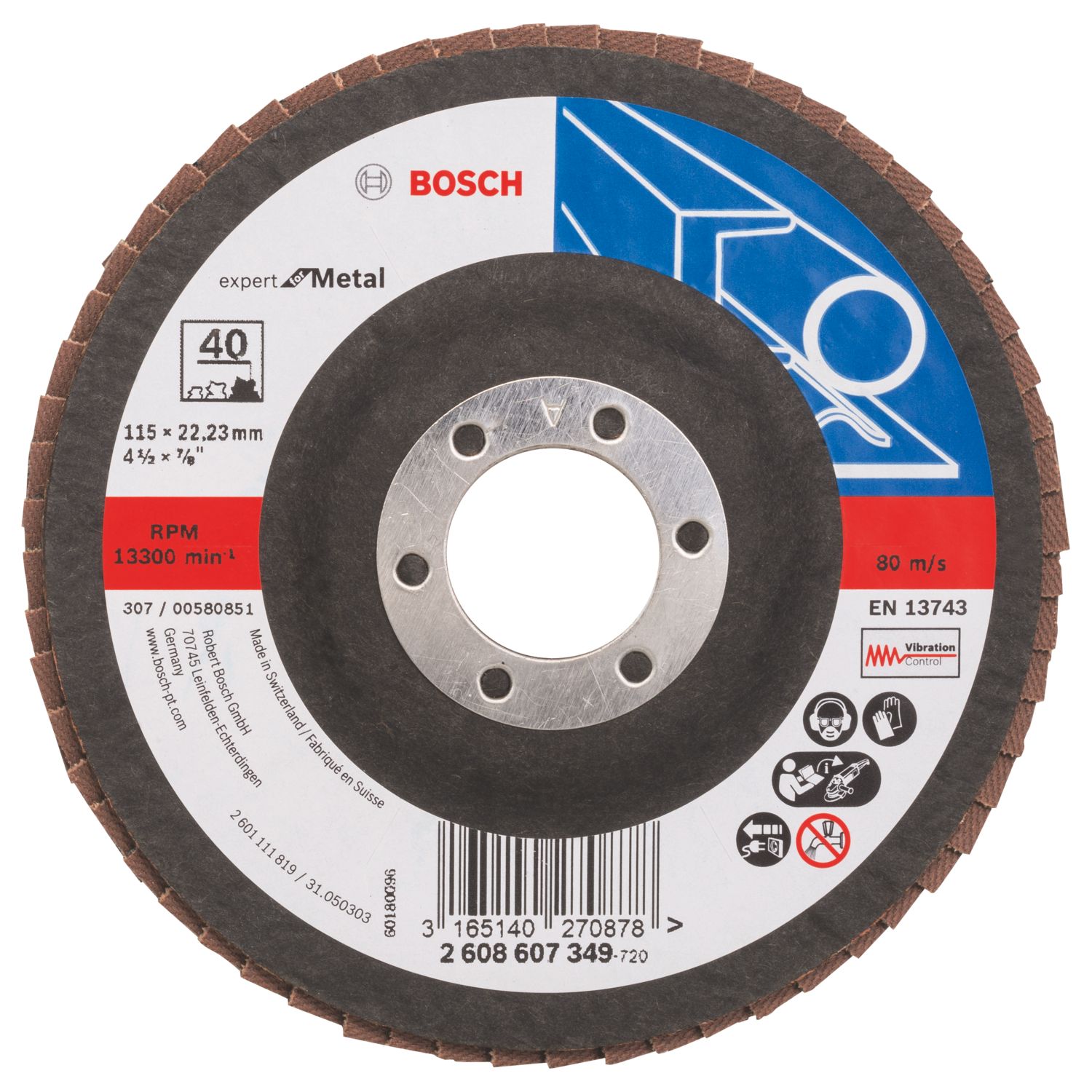 Bosch Expert X551 Metal 40 Grit Flap Disc (Straight) 115mm (4 1/2") x 22.23mm (771FW)