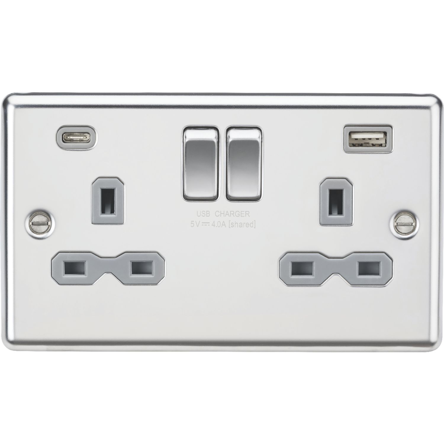 Knightsbridge 13A 2-Gang SP Switched Socket + 4.0A 20W 2-Outlet Type A & C USB Charger Polished Chrome with Grey Inserts (780PY)