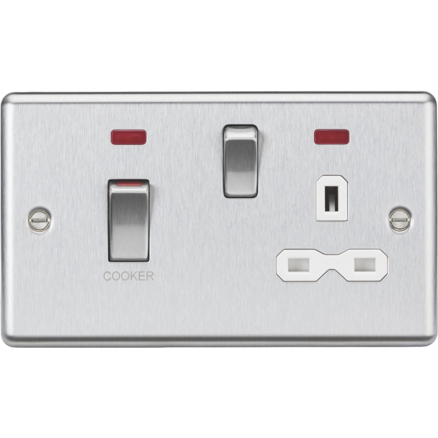 Knightsbridge 45A 2-Gang DP Cooker Switch & 13A DP Switched Socket Brushed Chrome with LED with White Inserts (784TY)