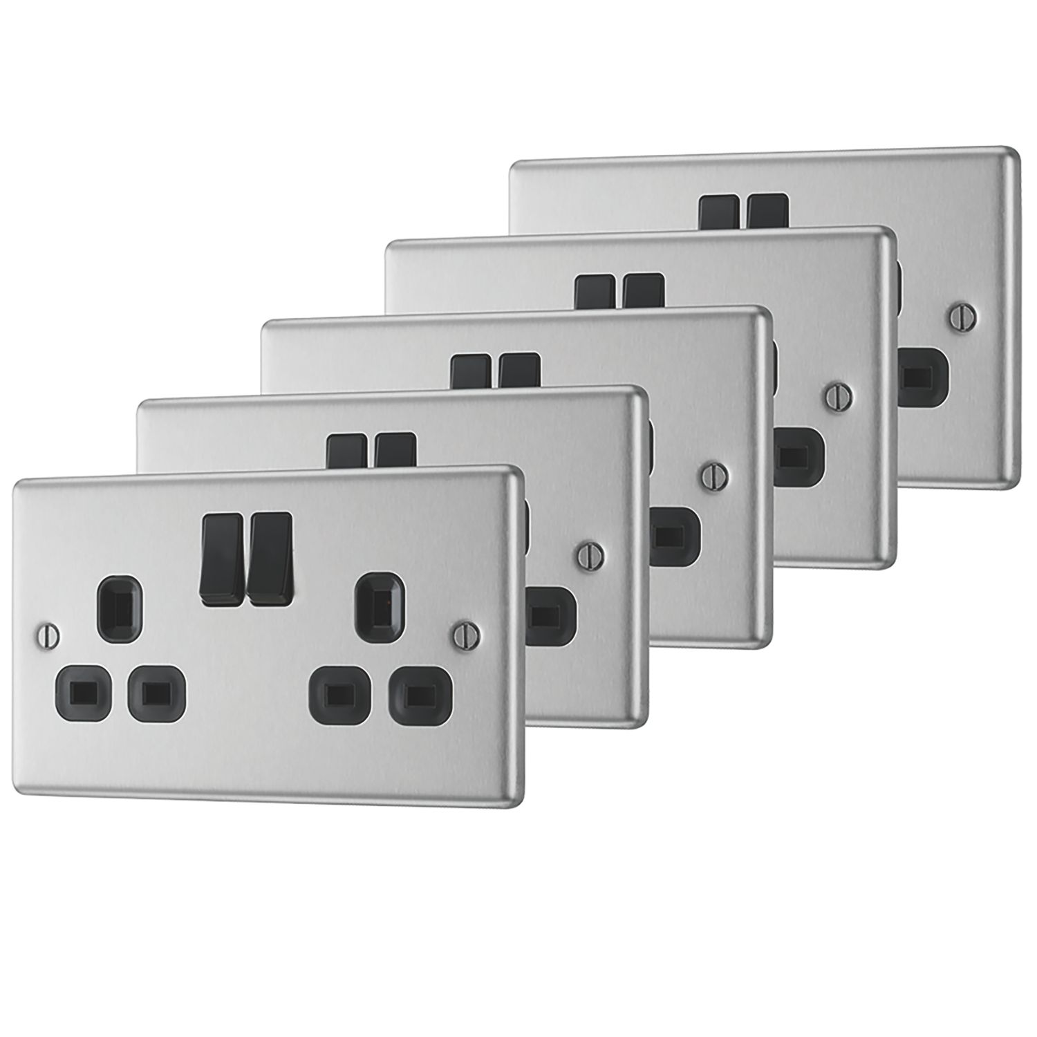 LAP 13A 2-Gang SP Switched Plug Sockets Brushed Stainless Steel with Black Inserts 5 Pack (7853C)