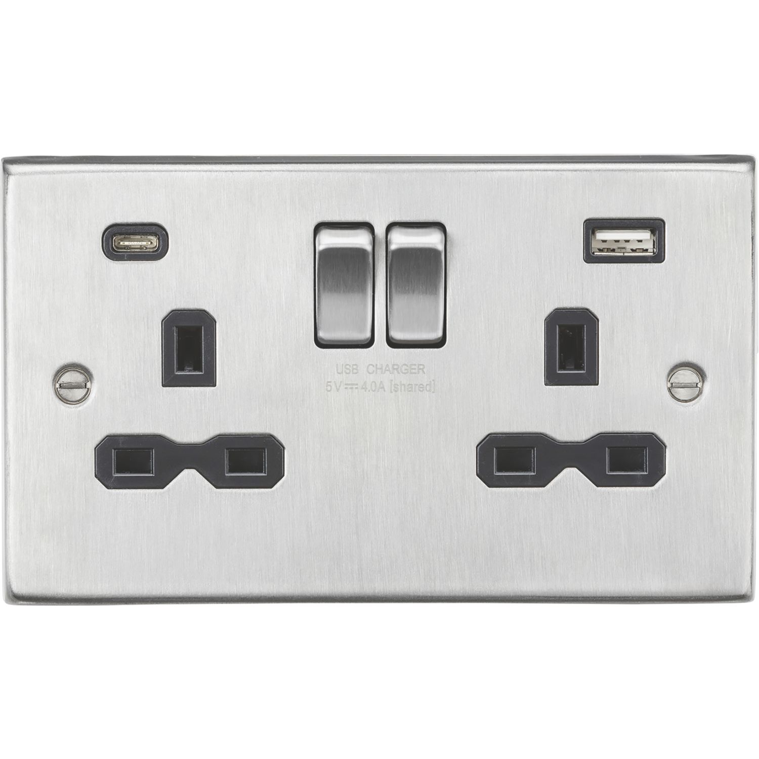 Knightsbridge 13A 2-Gang SP Switched Socket + 4.0A 20W 2-Outlet Type A & C USB Charger Brushed Chrome with Black Inserts (786PY)