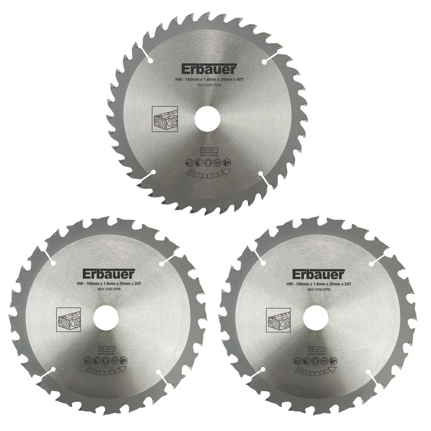 Erbauer Wood Saw Blades 165mm x 20mm 24/40T 3 Pieces (787GE)