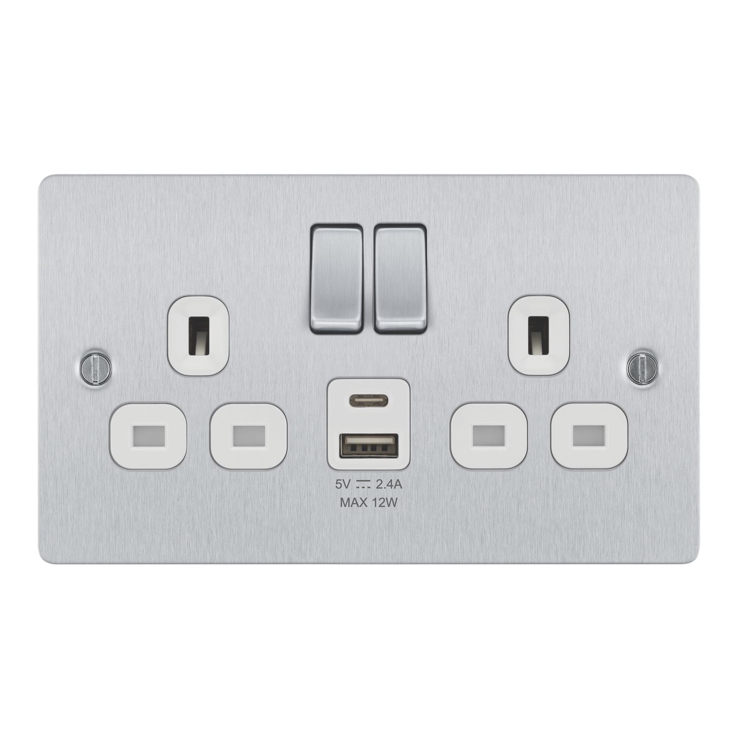 LAP 13A 2-Gang SP Switched Socket + 2.4A 12W 2-Outlet Type A & C USB Charger Brushed Steel with White Inserts (789PN)