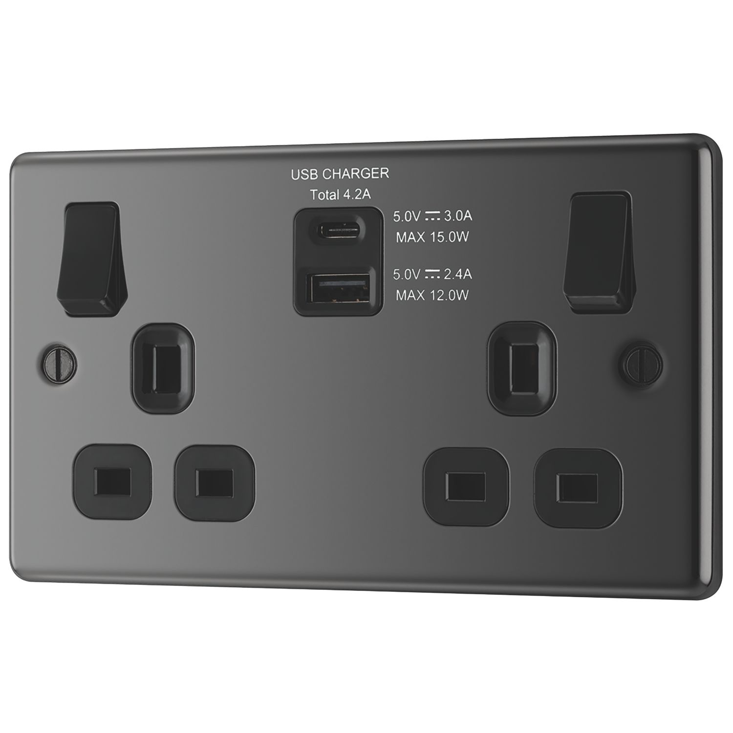 LAP 13A 2-Gang SP Switched Socket + 4.2A 15W 2-Outlet Type A & C USB Charger Black Nickel with Black Inserts (793HF)