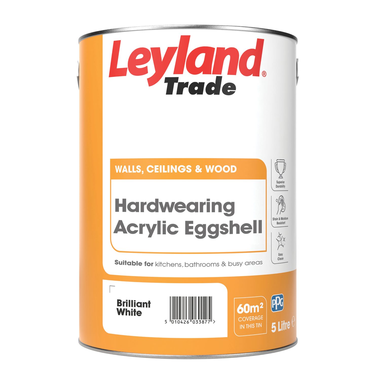 Leyland Trade 5Ltr Brilliant White Mid-Sheen Emulsion Kitchen & Bathroom Paint (796AP)