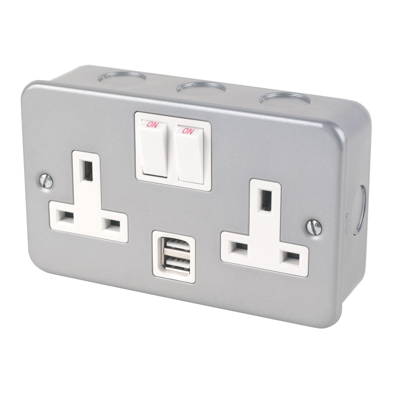 Essentials 13A 2-Gang DP Switched Metal Clad Socket + 2.1A 10.2W 2-Outlet Type A USB Charger with White Inserts (8009J)