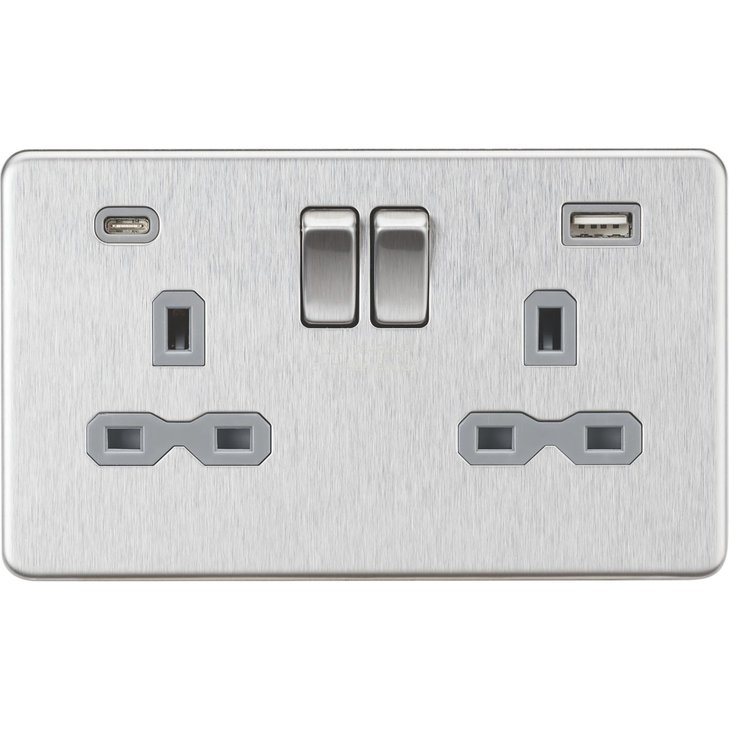 Knightsbridge 13A 2-Gang SP Switched Socket + 4.0A 20W 2-Outlet Type A & C USB Charger Brushed Chrome with Grey Inserts (808PX)