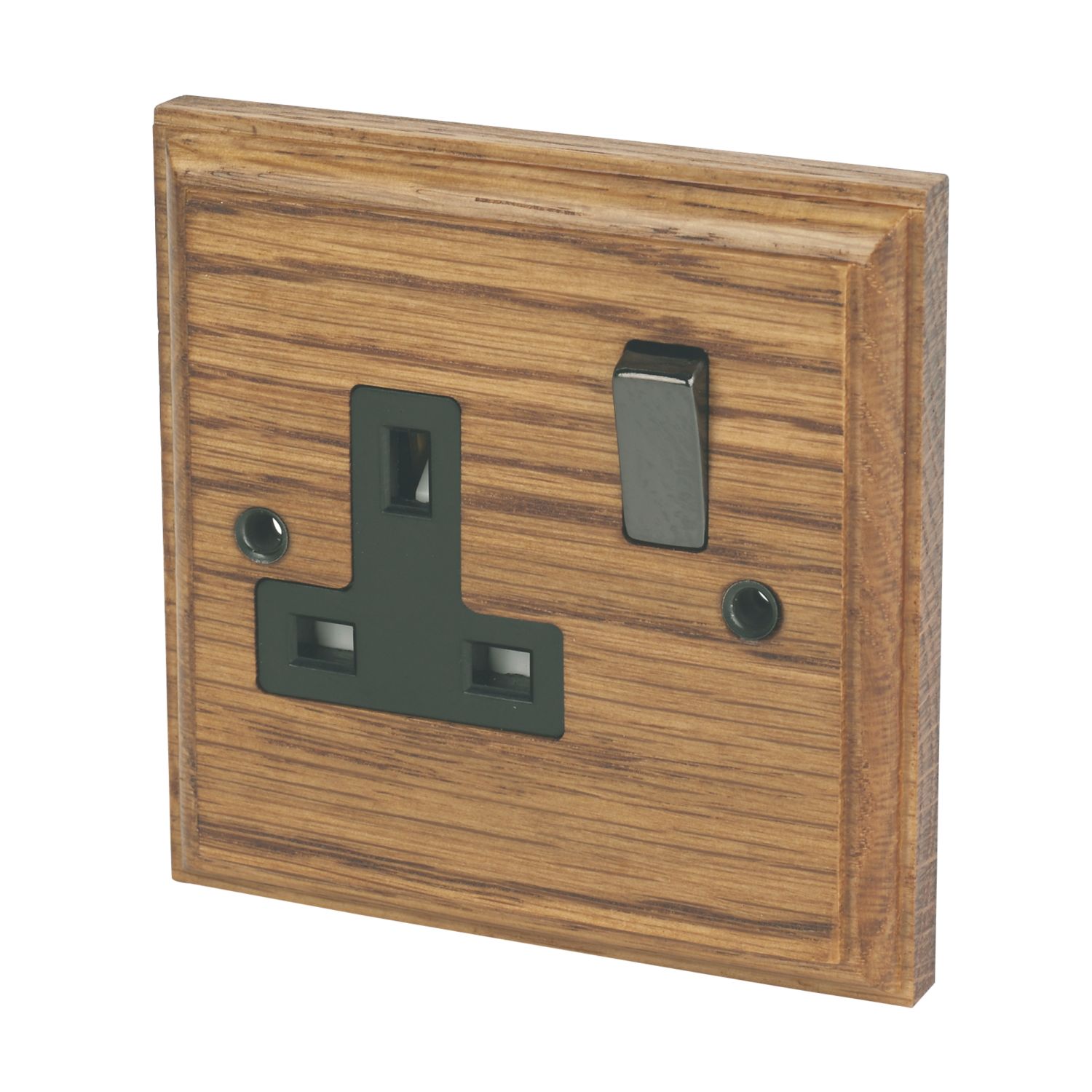 Varilight 13AX 1-Gang DP Switched Plug Socket Medium Oak with Black Inserts (8104H)