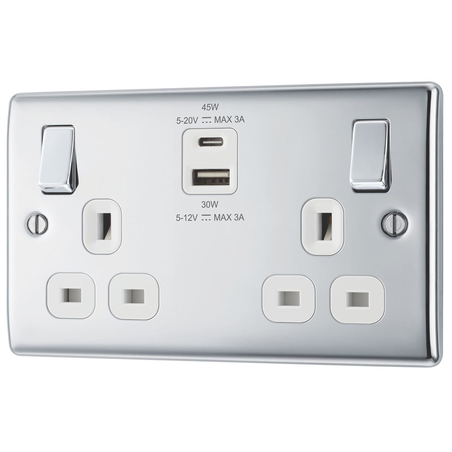British General Nexus Metal 13A 2-Gang SP Switched Socket + 3A 45W 2-Outlet Type A & C USB Charger Polished Chrome with White Inserts (810PM)