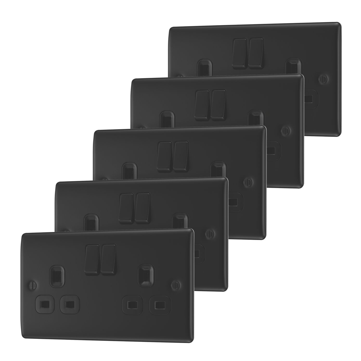 British General Nexus Metal 13A 2-Gang DP Switched Plug Sockets Matt Black with Black Inserts 5 Pack (817CH)