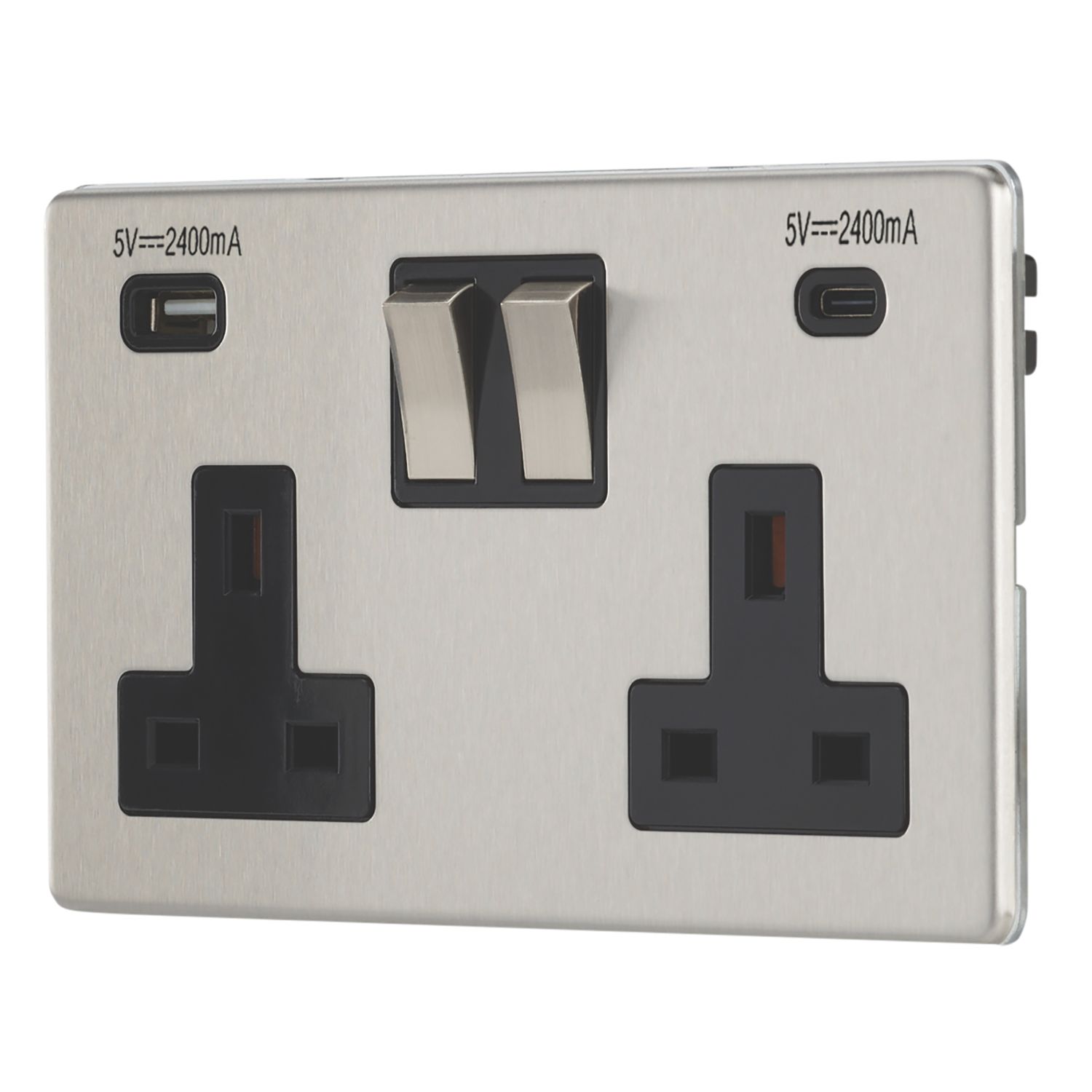 Contactum Lyric 13A 2-Gang DP Switched Socket + 4.8A 24W 2-Outlet Type A & C USB Charger Brushed Stainless Steel with Black Inserts (821RP)