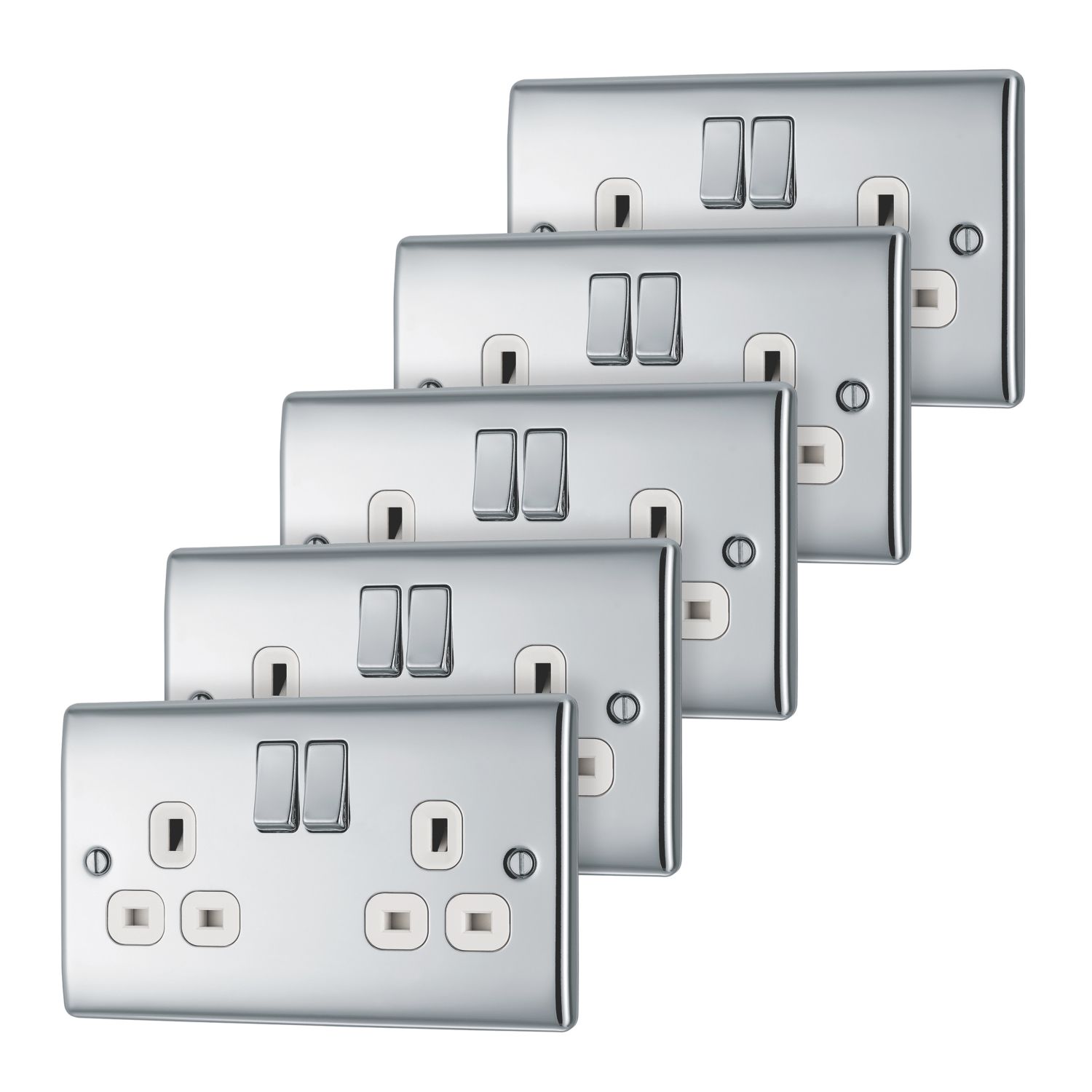 British General Nexus Metal 13A 2-Gang DP Switched Plug Sockets Polished Chrome with White Inserts 5 Pack (823CH)