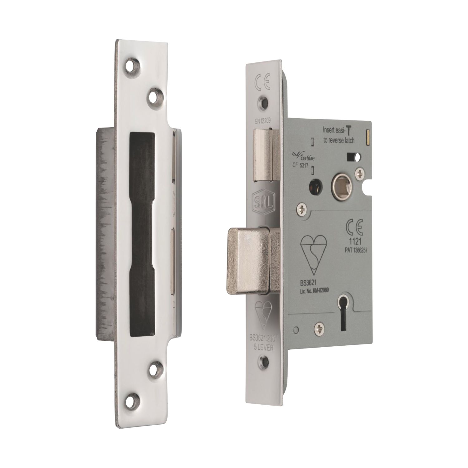 Smith & Locke Fire Rated 5 Lever Polished Chrome BS Sash Lock 65mm Case - 44mm Backset (826PX)