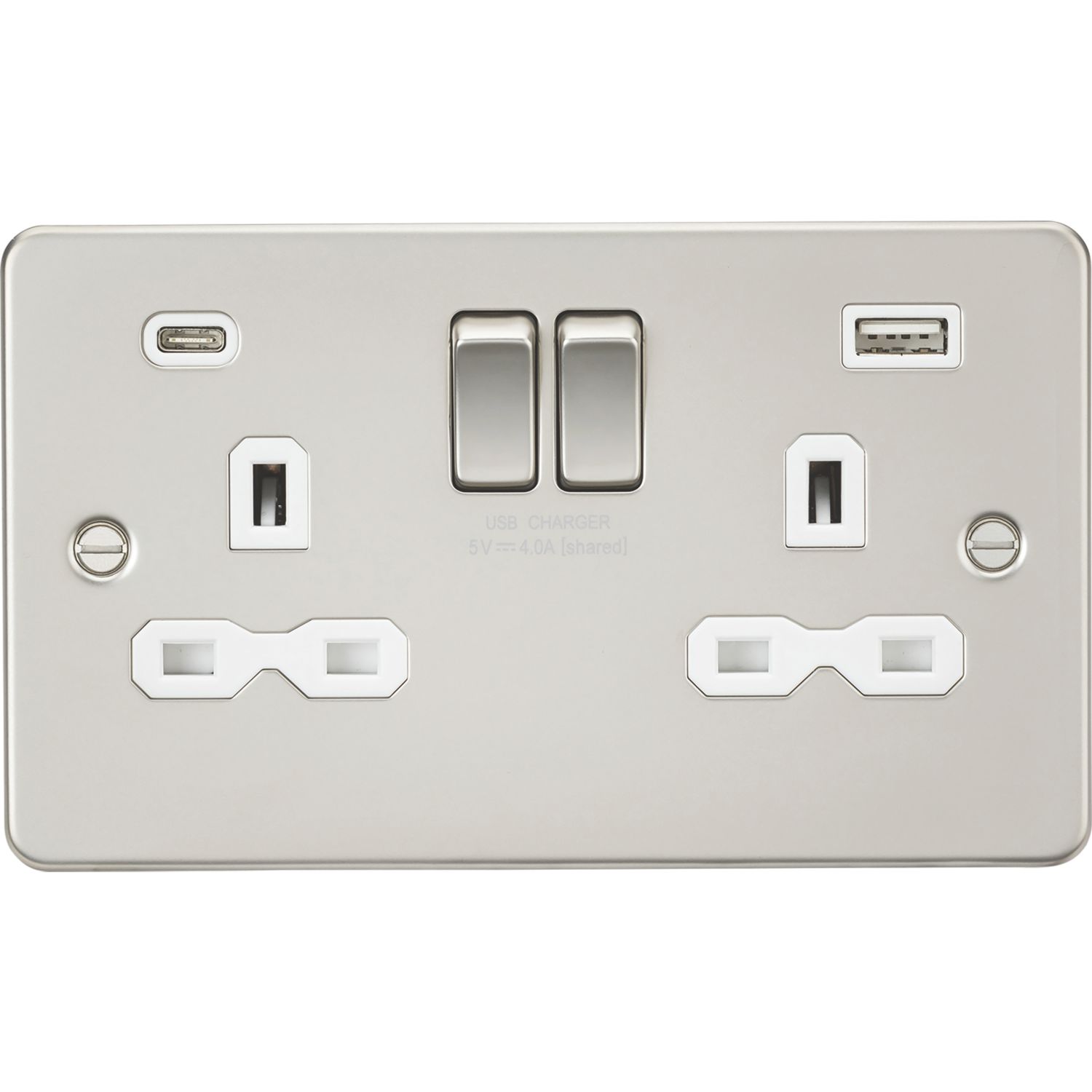 Knightsbridge 13A 2-Gang SP Switched Socket + 4.0A 20W 2-Outlet Type A & C USB Charger Pearl with White Inserts (829PX)