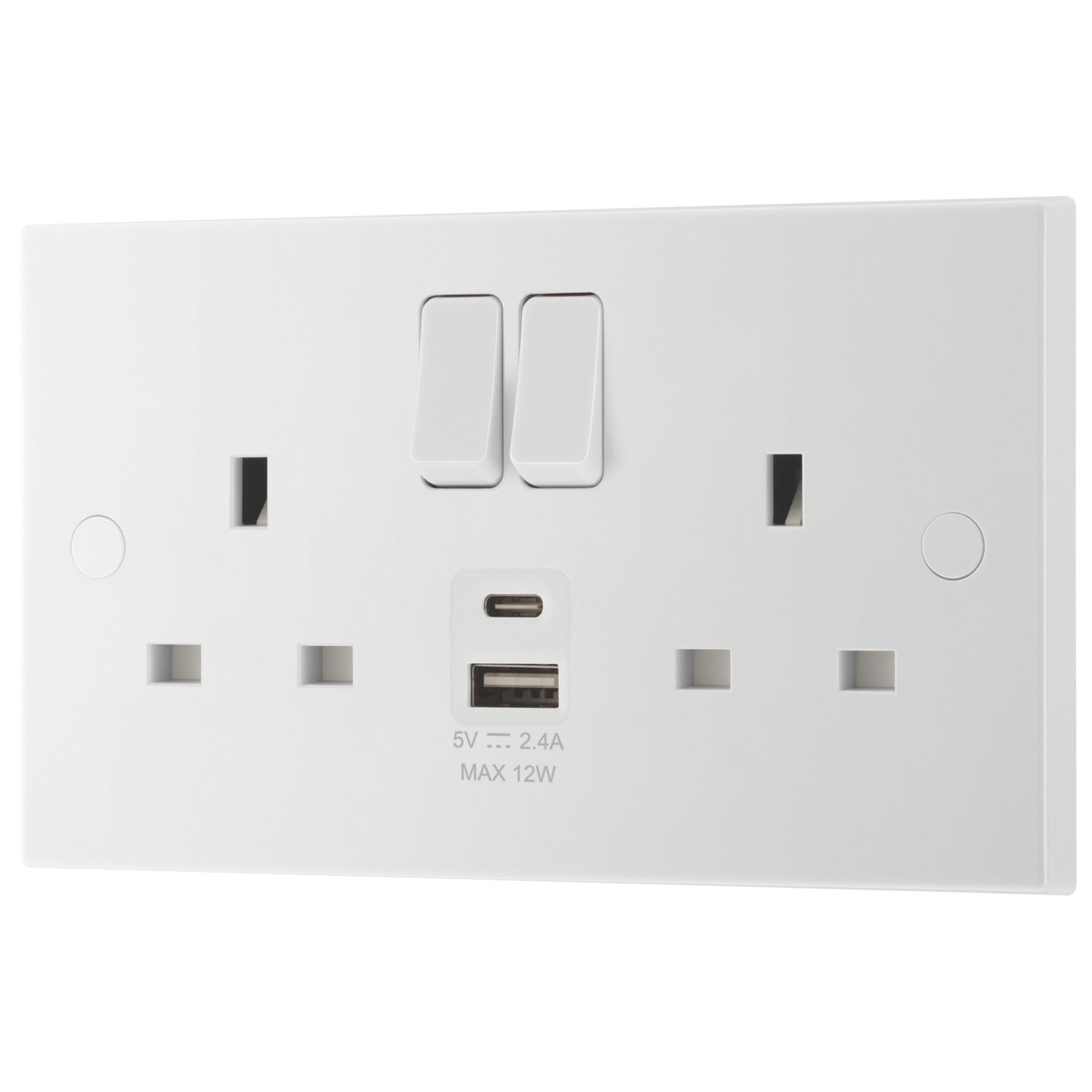 British General 900 Series 13A 2-Gang SP Switched Socket + 2.4A 12W 2-Outlet Type A & C USB Charger White (831PM)