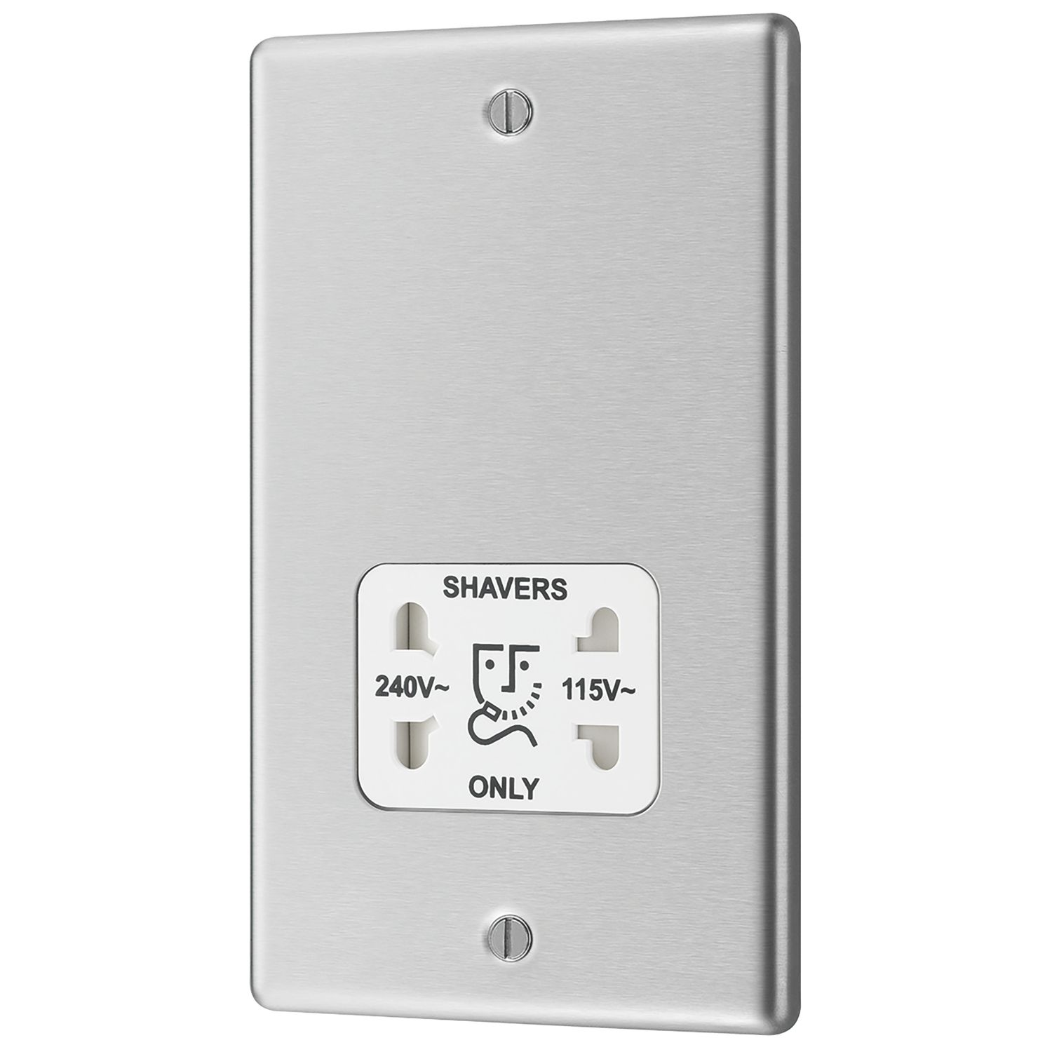 LAP 2-Gang Dual Voltage Shaver Socket 115 / 230V Brushed Stainless Steel with White Inserts (83247)