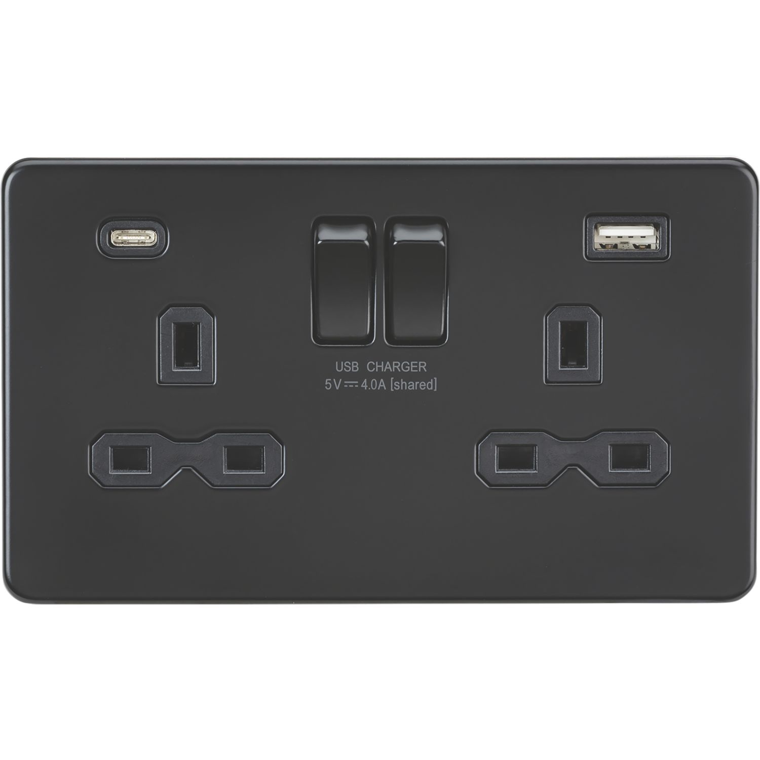 Knightsbridge 13A 2-Gang SP Switched Socket + 4.0A 20W 2-Outlet Type A & C USB Charger Matt Black with Black Inserts (838PX)