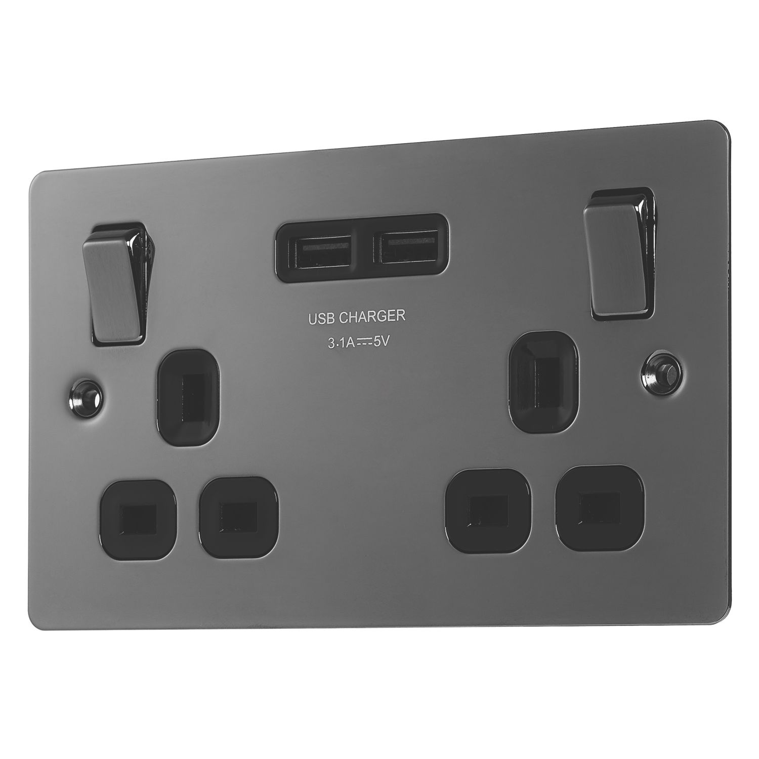 LAP 13A 2-Gang SP Switched Socket + 3.1A 15.5W 2-Outlet Type A USB Charger Black Nickel with Black Inserts (8401P)