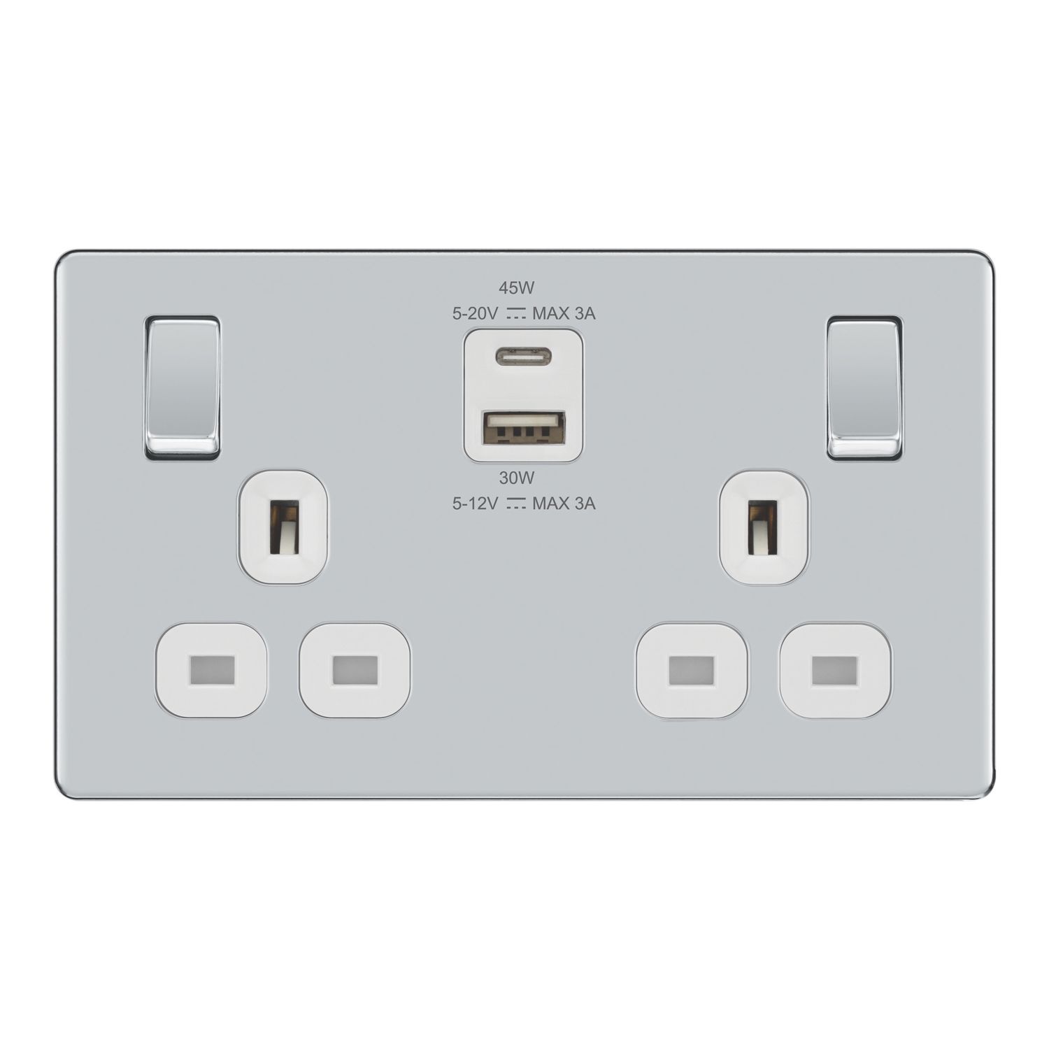 LAP 13A 2-Gang SP Switched Socket + 3A 45W 2-Outlet Type A & C USB Charger Polished Chrome with White Inserts (842PN)