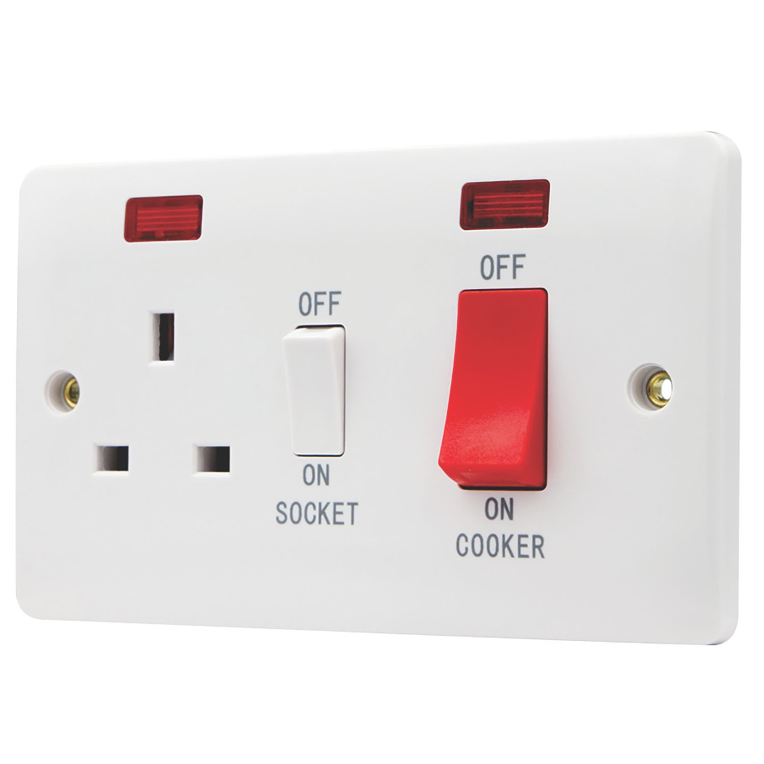 Vimark Pro 45A 2-Gang DP Cooker Switch & 13A DP Switched Socket White with Neon (843PV)