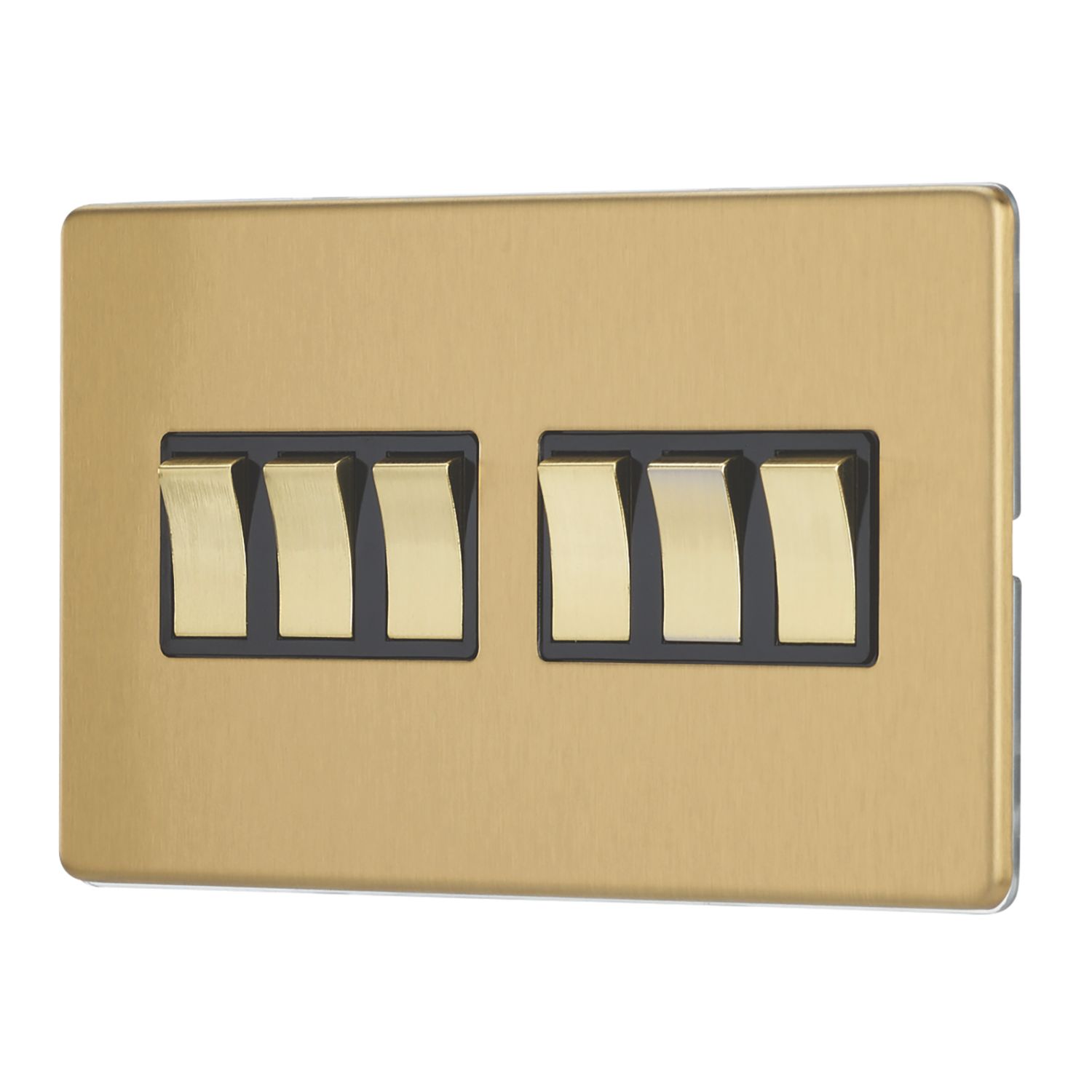 Contactum Lyric 10AX 6-Gang 2-Way Light Switch Brushed Brass with Black Inserts (843RP)