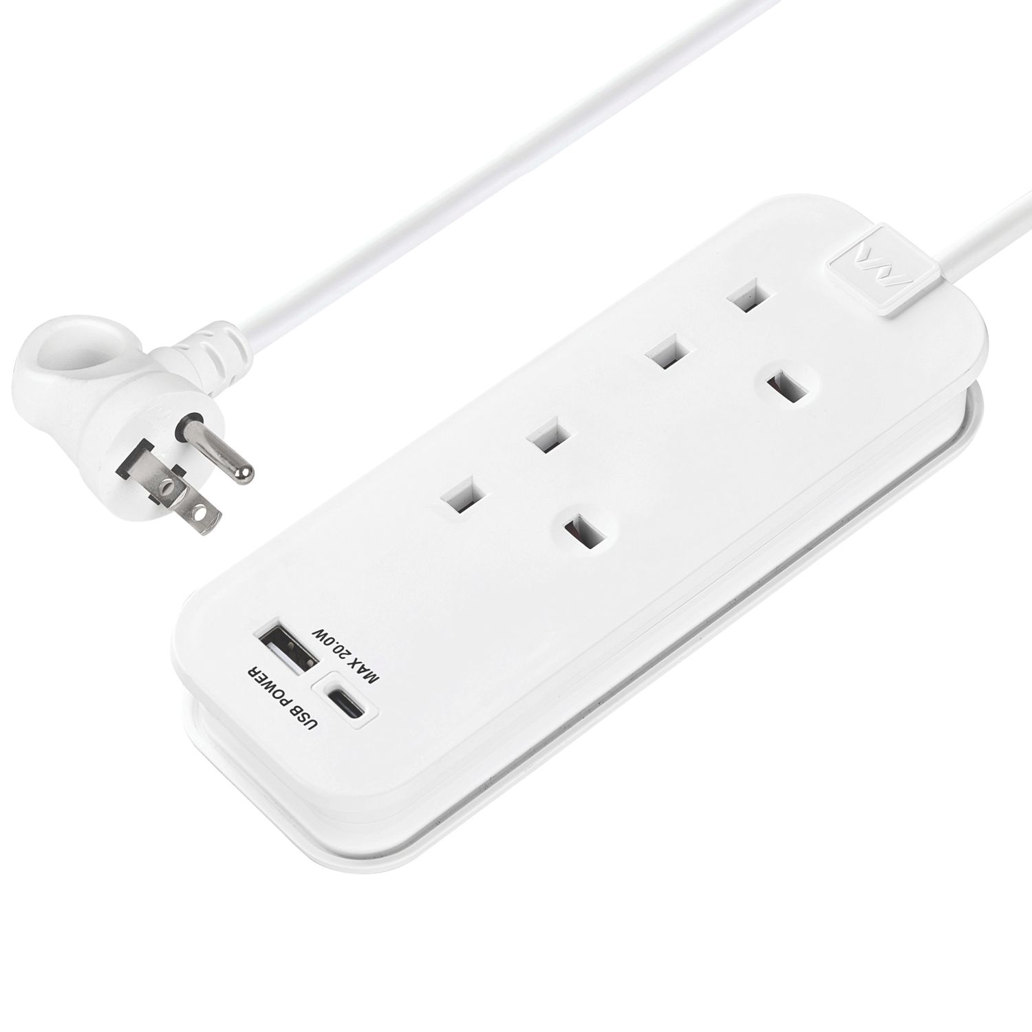 Masterplug 13A 2-Gang Unswitched Travel Extension Lead (UK to USA) + 3.4A 2-Outlet Type A & C USB Charger White 0.45m (845CH)