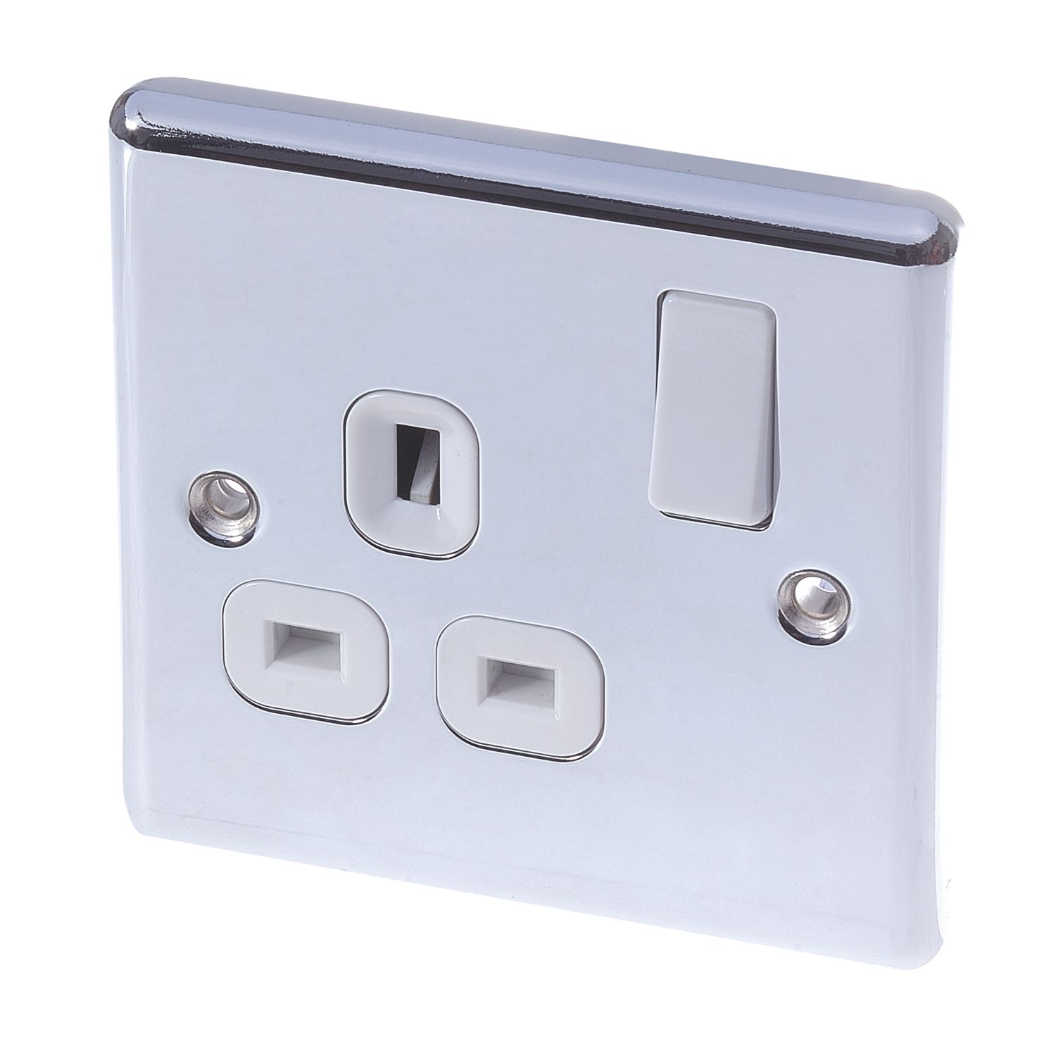 LAP 13A 1-Gang SP Switched Plug Socket Polished Chrome with White Inserts (8525C)