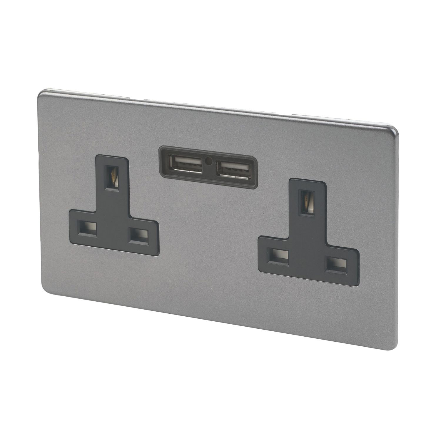 Varilight 13AX 2-Gang Unswitched Socket + 2.1A 10.5W 2-Outlet Type A USB Charger Slate Grey with Black Inserts (8538F)